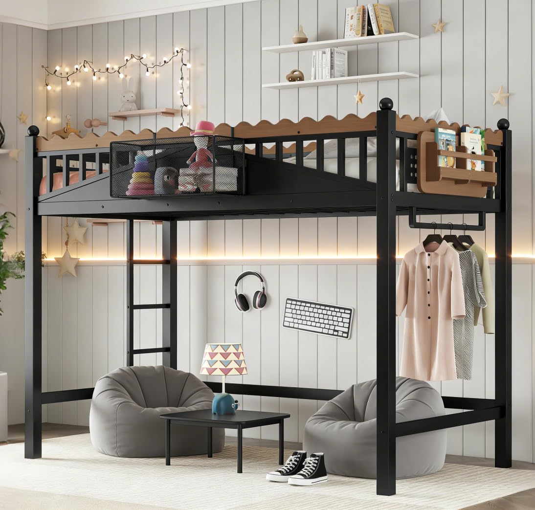bellemave twin xl size loft bed with ladder and storage shelves and bookshelf, metal loft bed frame, for adults, kids, teens, black