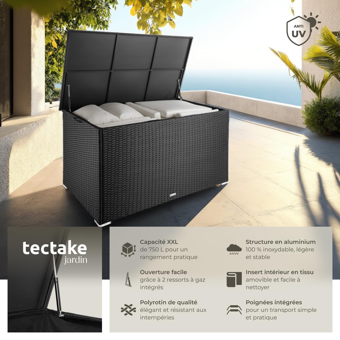 tectake® Coffre de jardin Exterieur, Coffre à Coussins 750 L en Aluminium Polyrotin 145 x 82,5 x 79,5 cm, Couvercle Rabattable, Poignées pour Rangement des Outils de Jardin, Jouets - 2