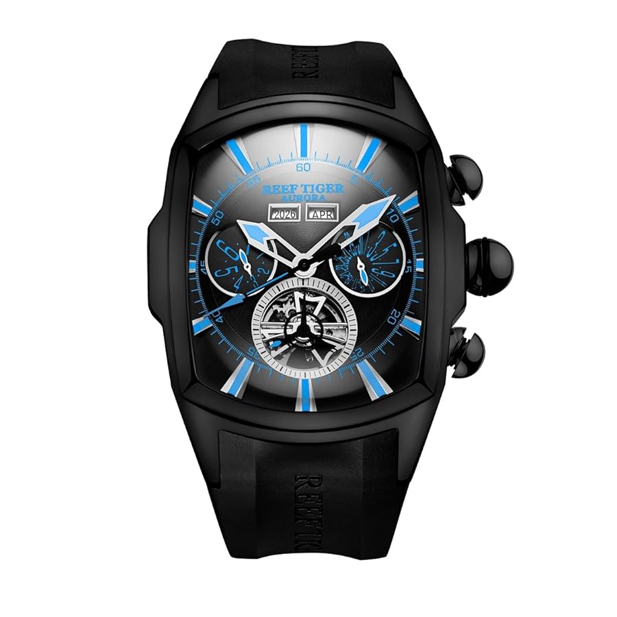 Reef Tiger Huge Big Sport Watches for Men Black Steel