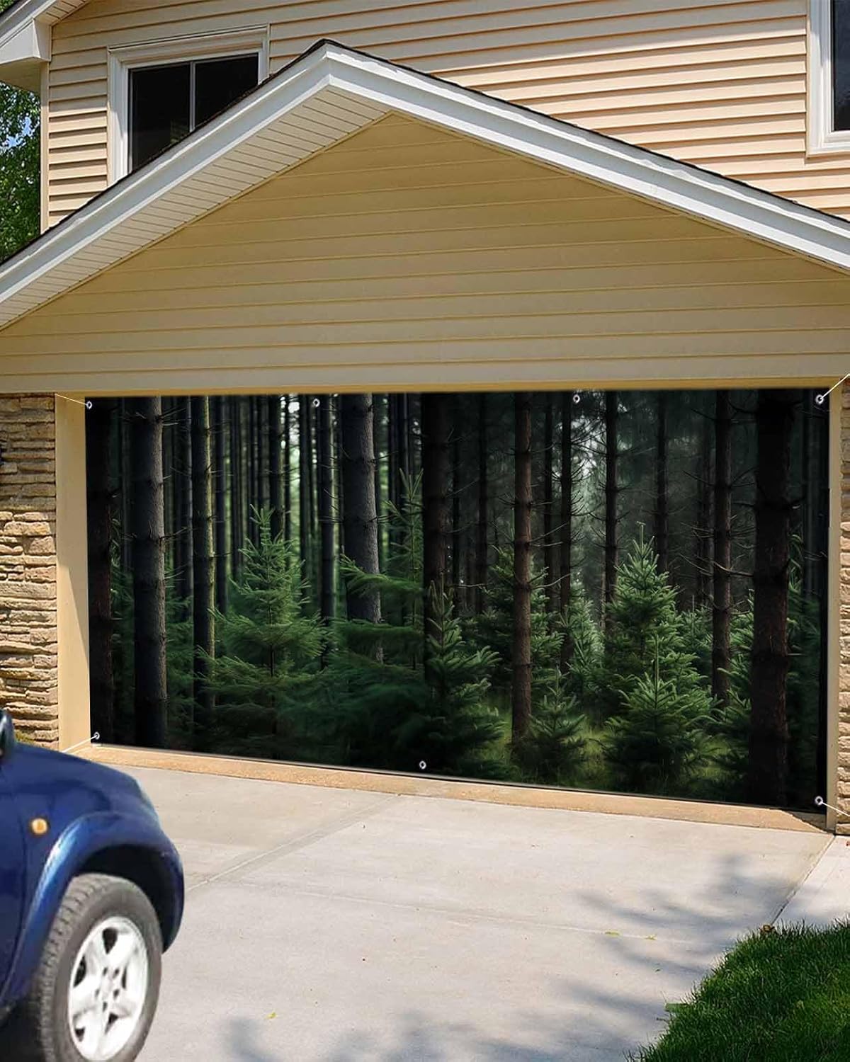 Washable Modern Garage Door Decorations Reusable Hanging Garage Door Banner Cover Summer Forests Pine Trees Green Garage Backdrop for Indoor Outdoor Decor, 84x192 Inch
