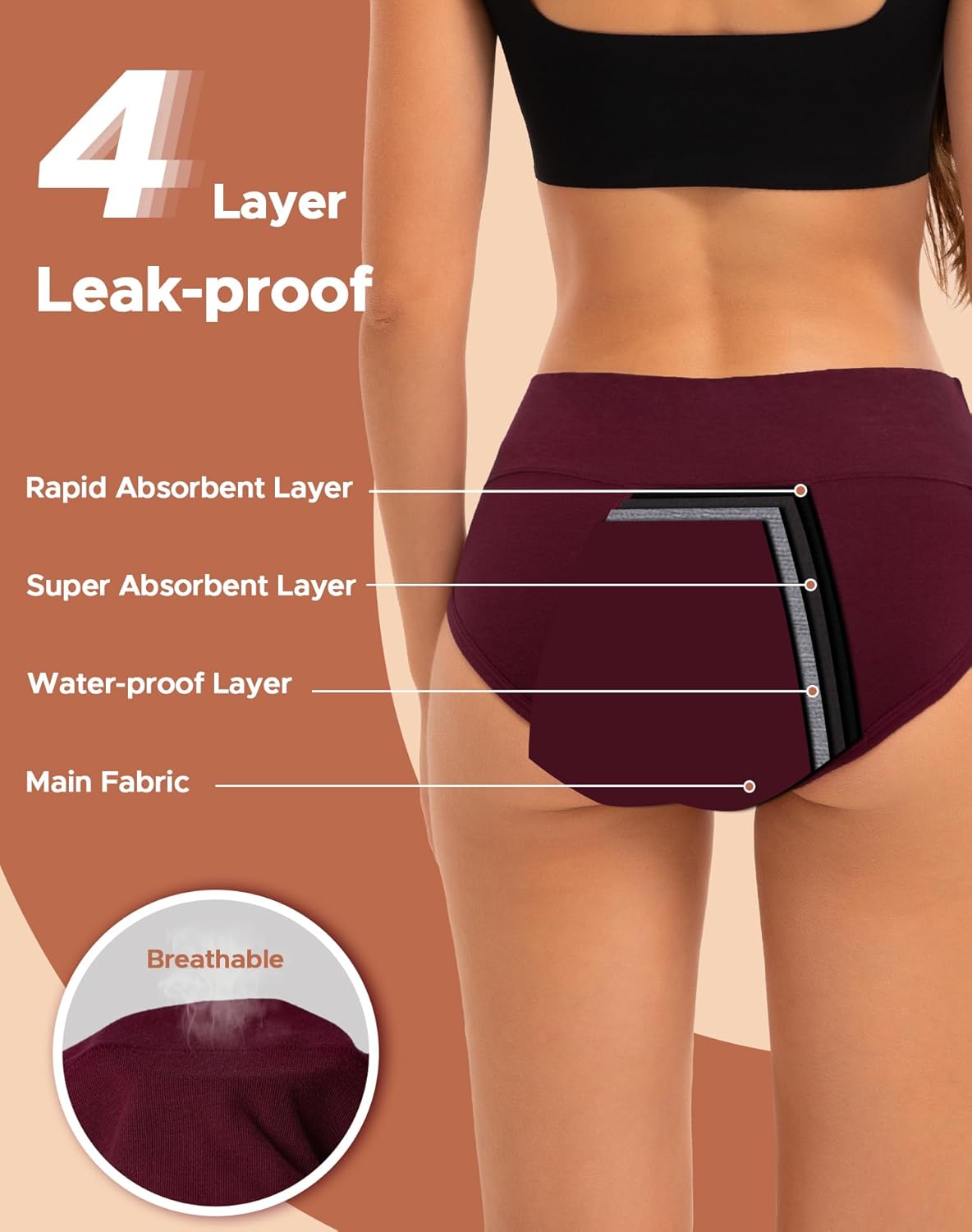 INNERSY Period Underwear for Women Heavy Flow High Waist Cotton Leak Proof Menstrual Panties 3-Pack - Image 4
