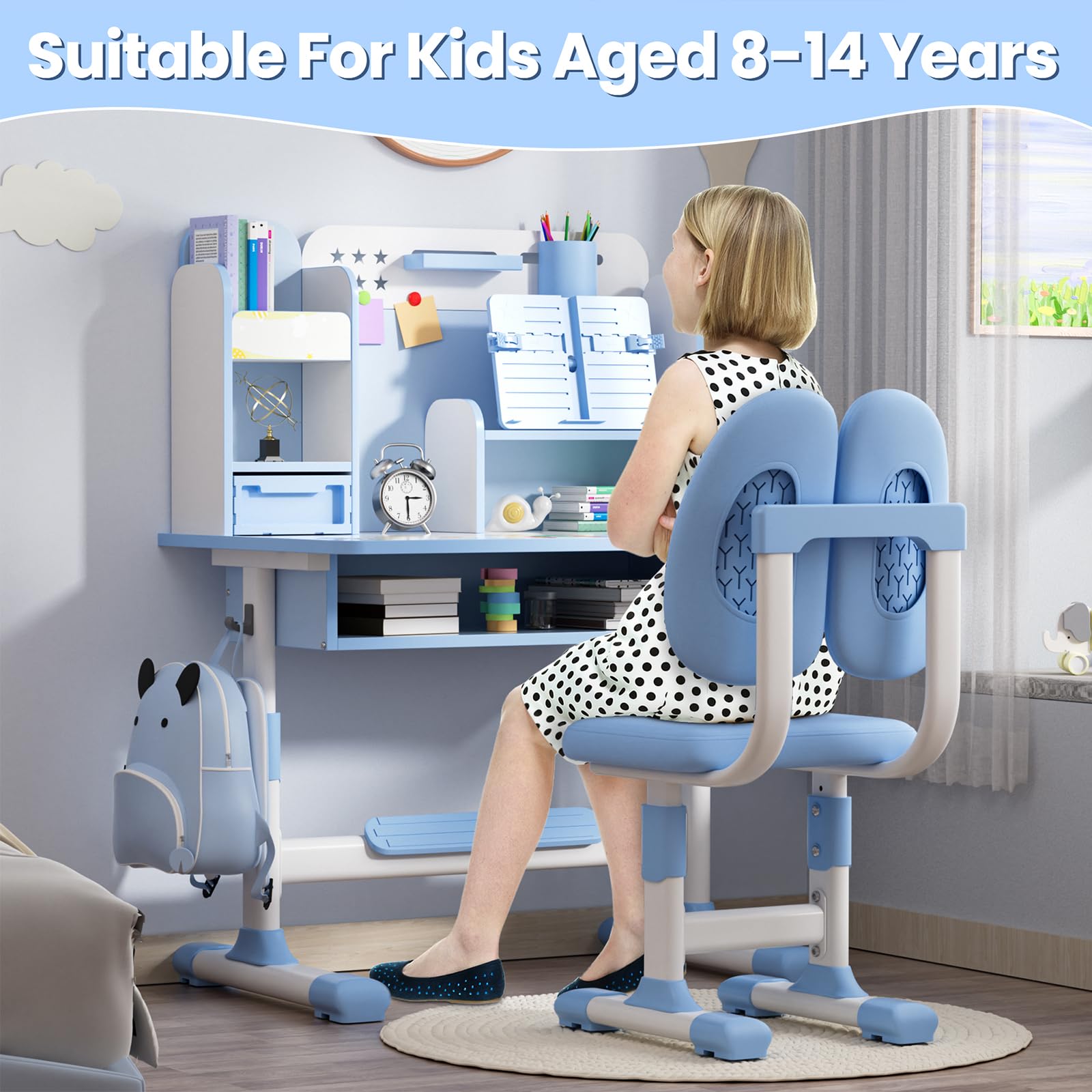Kinderschreibtisch höhenverstellbar, Kinderschreibtischstuhl, Kinderschreibtisch, Schreibtischstuhl für Kinder, mit Buchständer, Fußpedal, 115 x 80 x 50cm (Blau)
