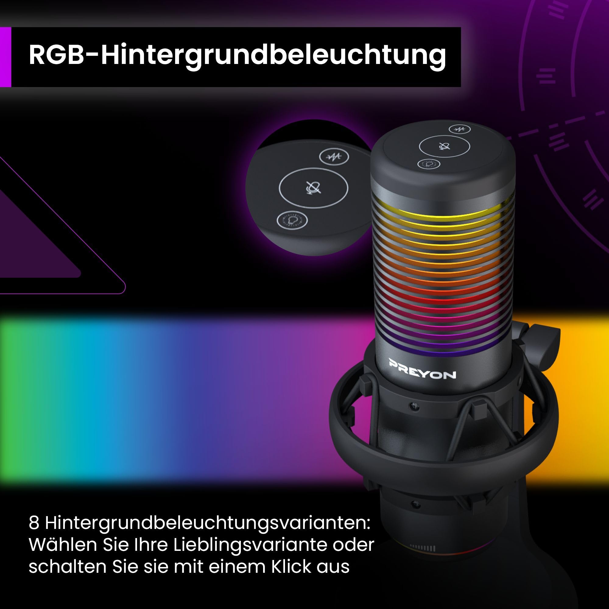 PREYON Gaming Mikrofon PC mit Arm USB Microphone - Podcast Streaming Studio Laptop Stand Mic Zubehör Tischmikrofon RGB Kondensator Stummschaltung Standmikrofon Cardioid Omnidirektional – Schwarz