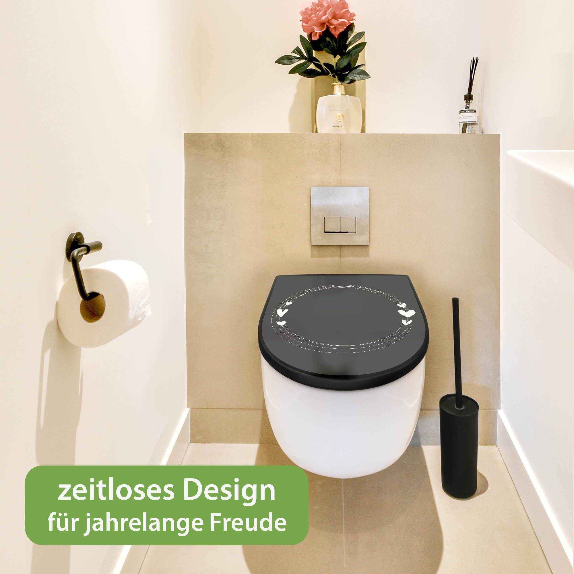banjado WC Sitz mit Absenkautomatik D Form - Toilettendeckel mit Absenkautomatik D Form - Klodeckel Softclose - stabile Klobrille - Toilettensitz Schwarz - Motiv Herzrahmen