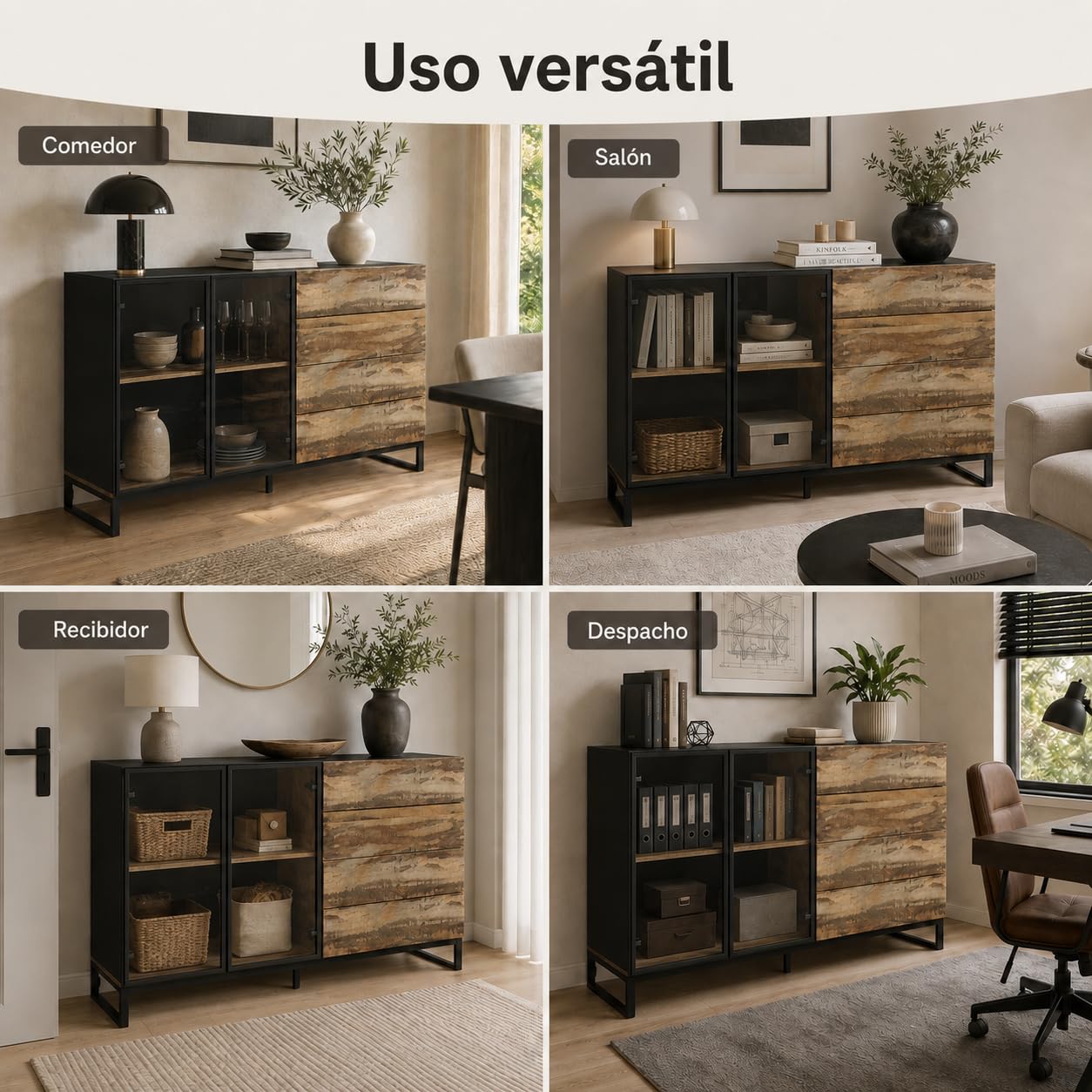 Aparador Madera-Negro 160cm con LED & Puerta de Cristal – Cómoda con 4 Cajones, Push-to-Open & Tira LED USB – Vitrina con Marco Metálico para Salón, 160×95×41cm