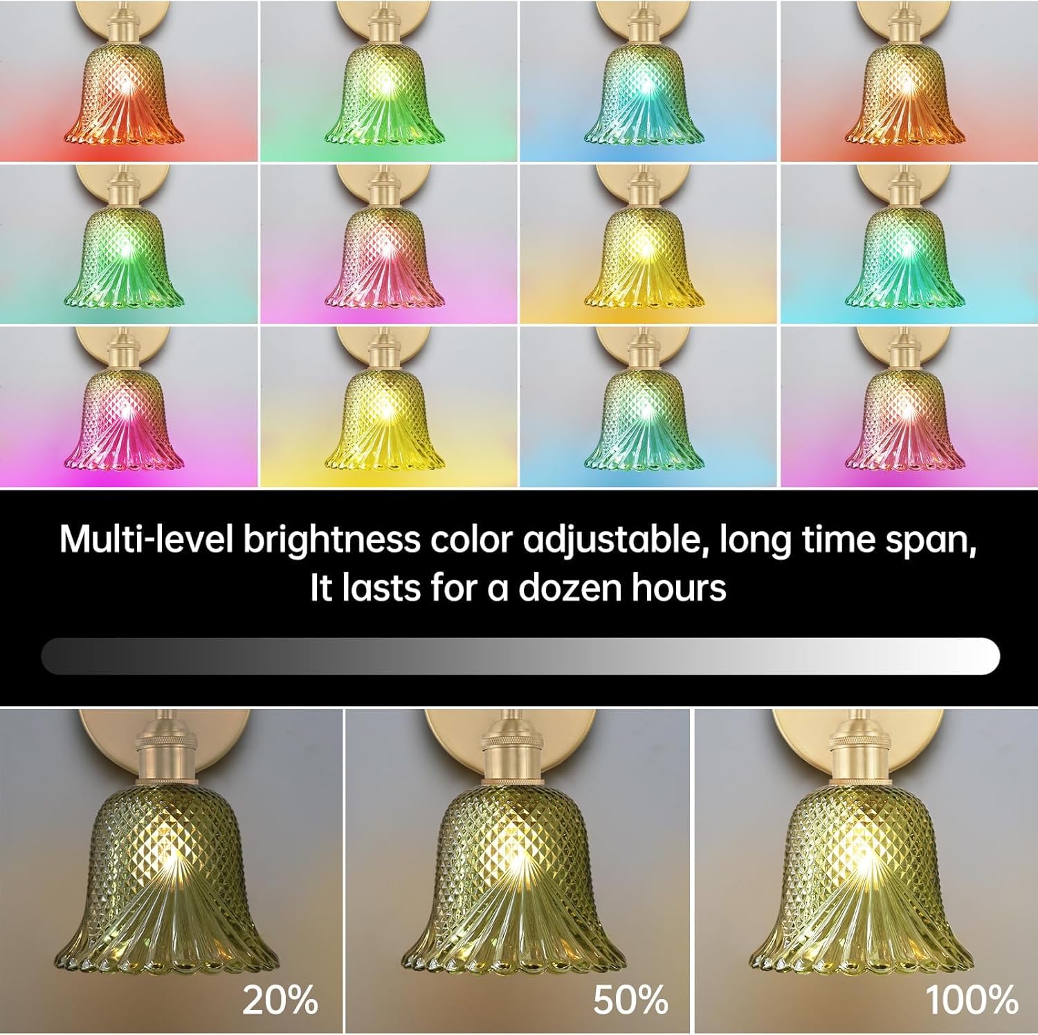 Kabellose Wandleuchte Akku Vintage Wandlampe Innen Ohne Stromanschluss mit Grün Glas Lampenschirm 3 Farben + RGB-Modus Gold Nachttischlampe mit Fernbedienung Schlafzimmerlampe 4000mAh Wiederaufladbar