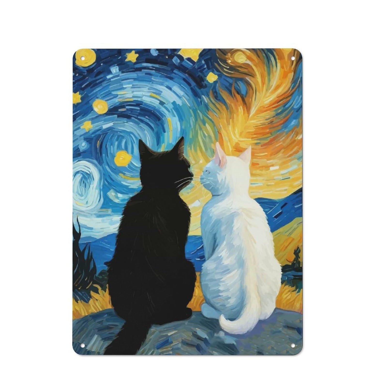 Junmoney Starry Night Black Cat And White Cat Romantic Creative Office Metal Sign 40X30cm, Office Wall Decor For Hobby Room, Office, Lounge Or Living Room