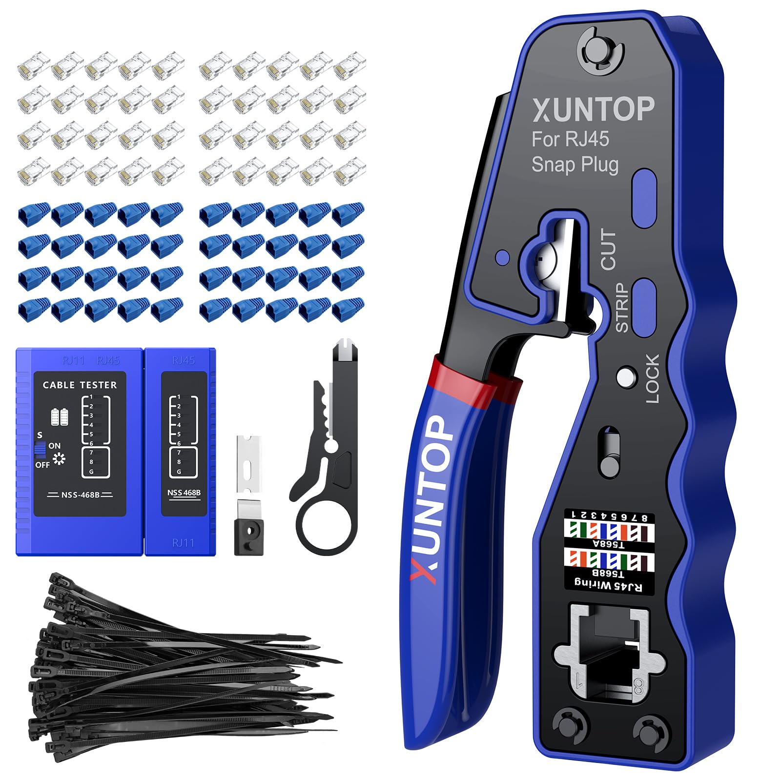 Pinza Crimpatrice RJ45 Kit Crimpatore RJ45 Pass-Through con 50 Connettori Cat6 Dorati, Tester Cavi, Pinza Crimpare Compatta Multifunzione, Guida Colori T-568A/B, EVA Borsa per Cat5, Cat6 e Cat7