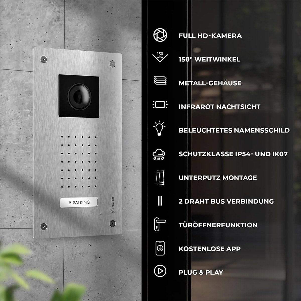 Balter ENTRI L Video Doorbell Unterputz Türklingel mit Kamera und 1x 7 Zoll Touchscreen HD WLAN Monitor, kabelgebunden Türsprechanlage mit Interkom WiFi Mobile App für 1 Familienhaus Set