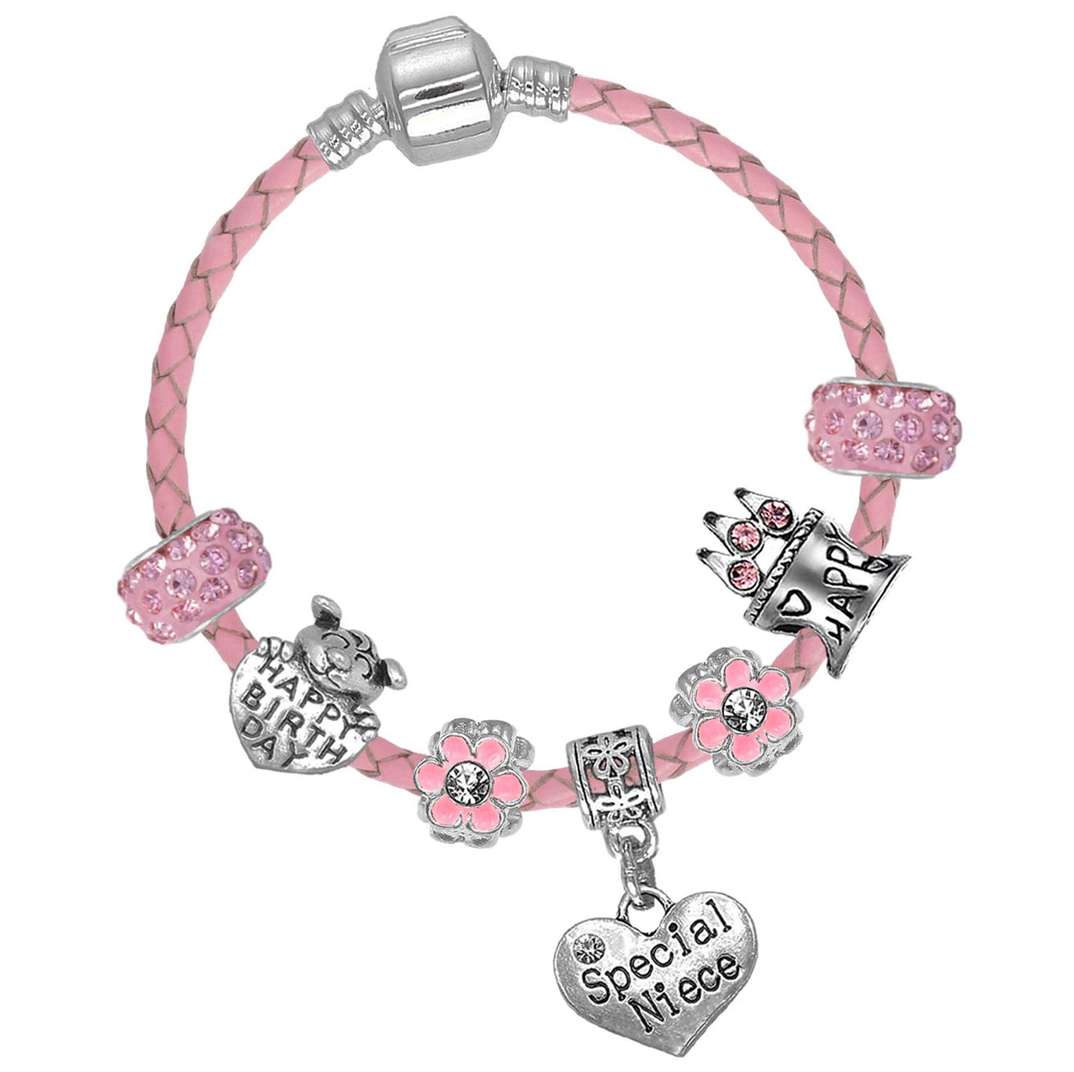 Charm BuddySpecial Niece Pink Leather Sparkly Birthday Charm Bracelet with Gift Box for Girls
