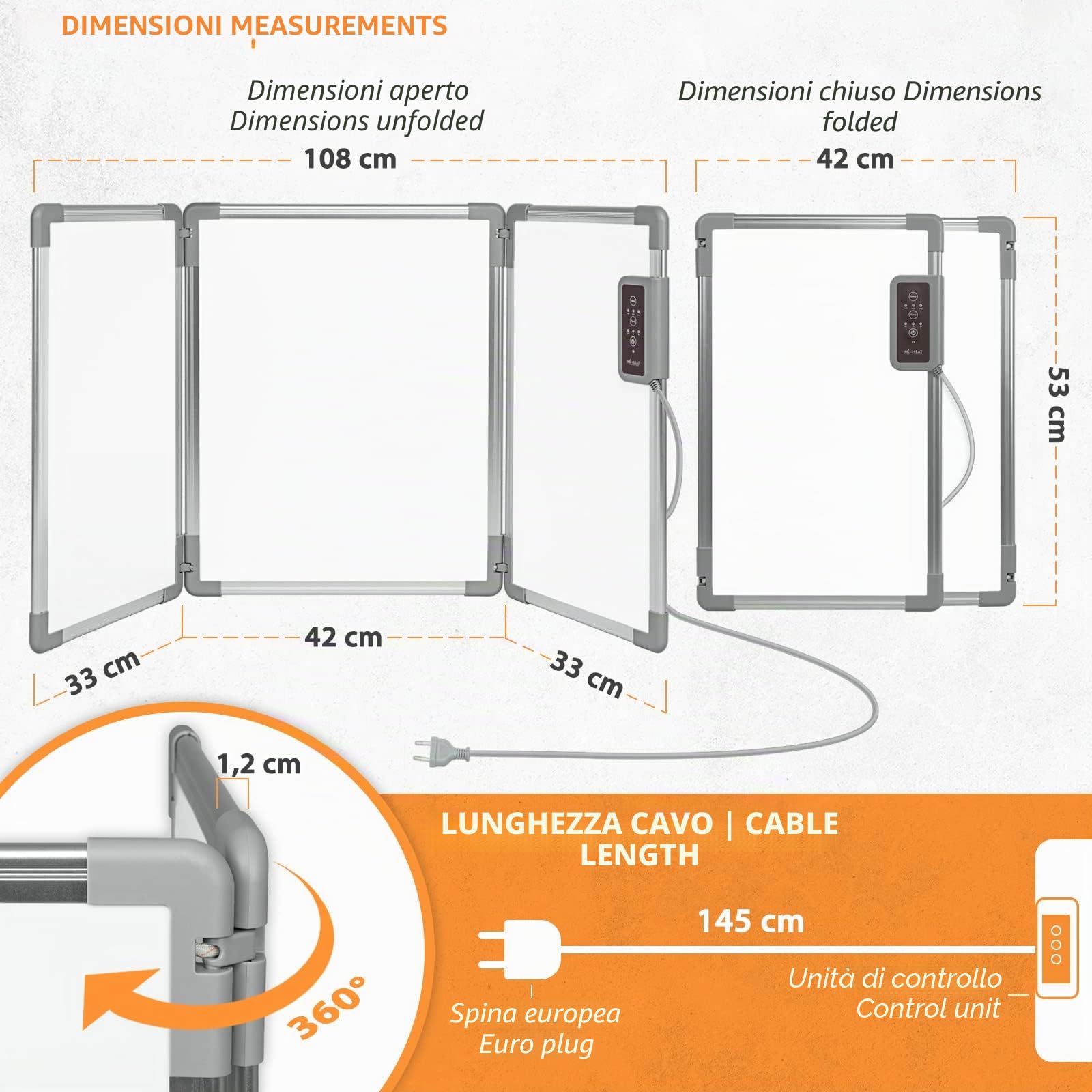 Mi-Heat Pannello riscaldante pieghevole in alluminio, 53 x 108 cm, riscaldamento da scrivania a infrarossi, 350 W fino a 80 °C, per ufficio, casa, ufficio, posto di lavoro, casse