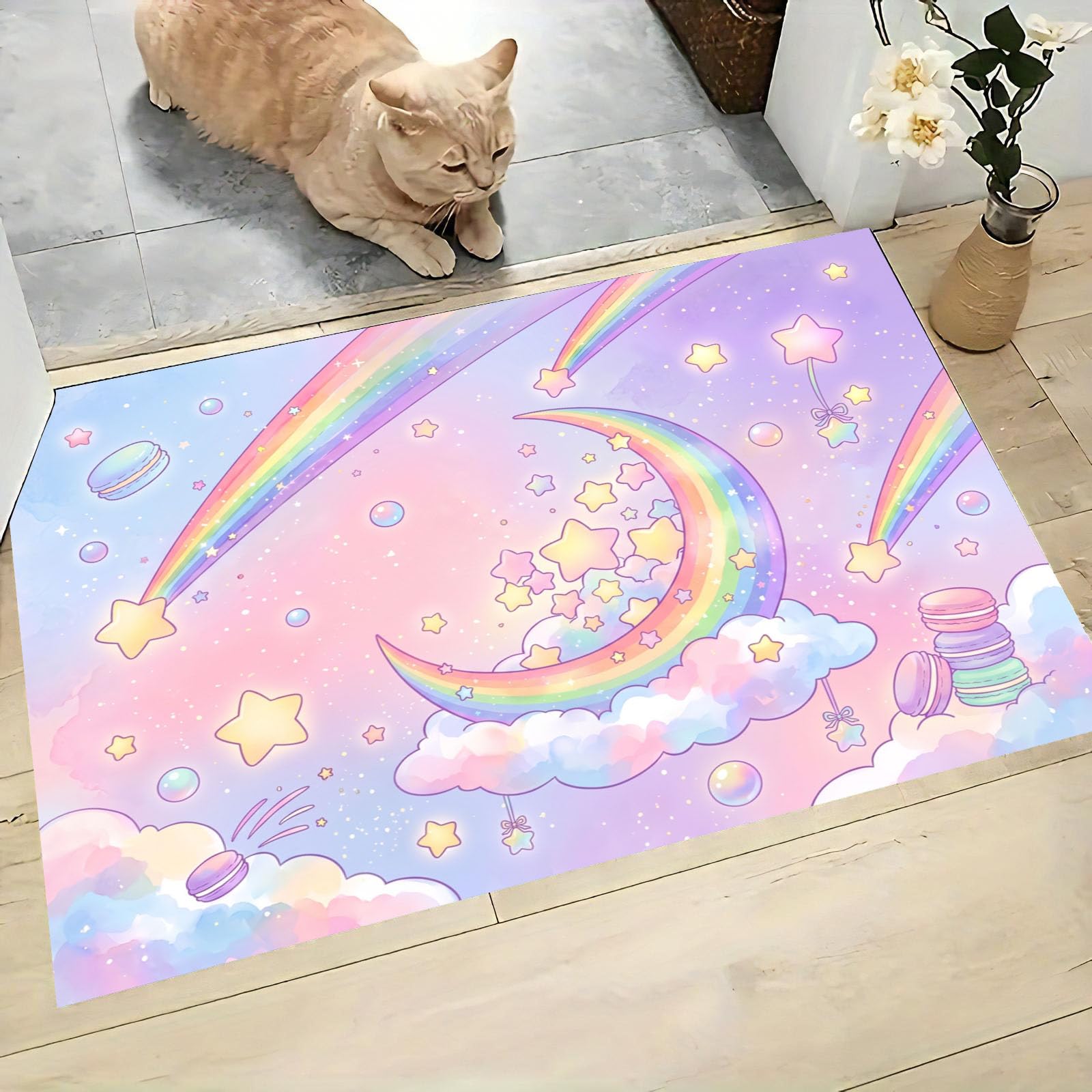 Felpudo Entrada Casa Arcoíris Lunar 80x120cm | Alfombra de Puerta Estilo De Chica Soñadora, Felpudo de Bienvenida, Antideslizante, Alfombra Decorativa de Perfil bajo para Pasillo y Sala