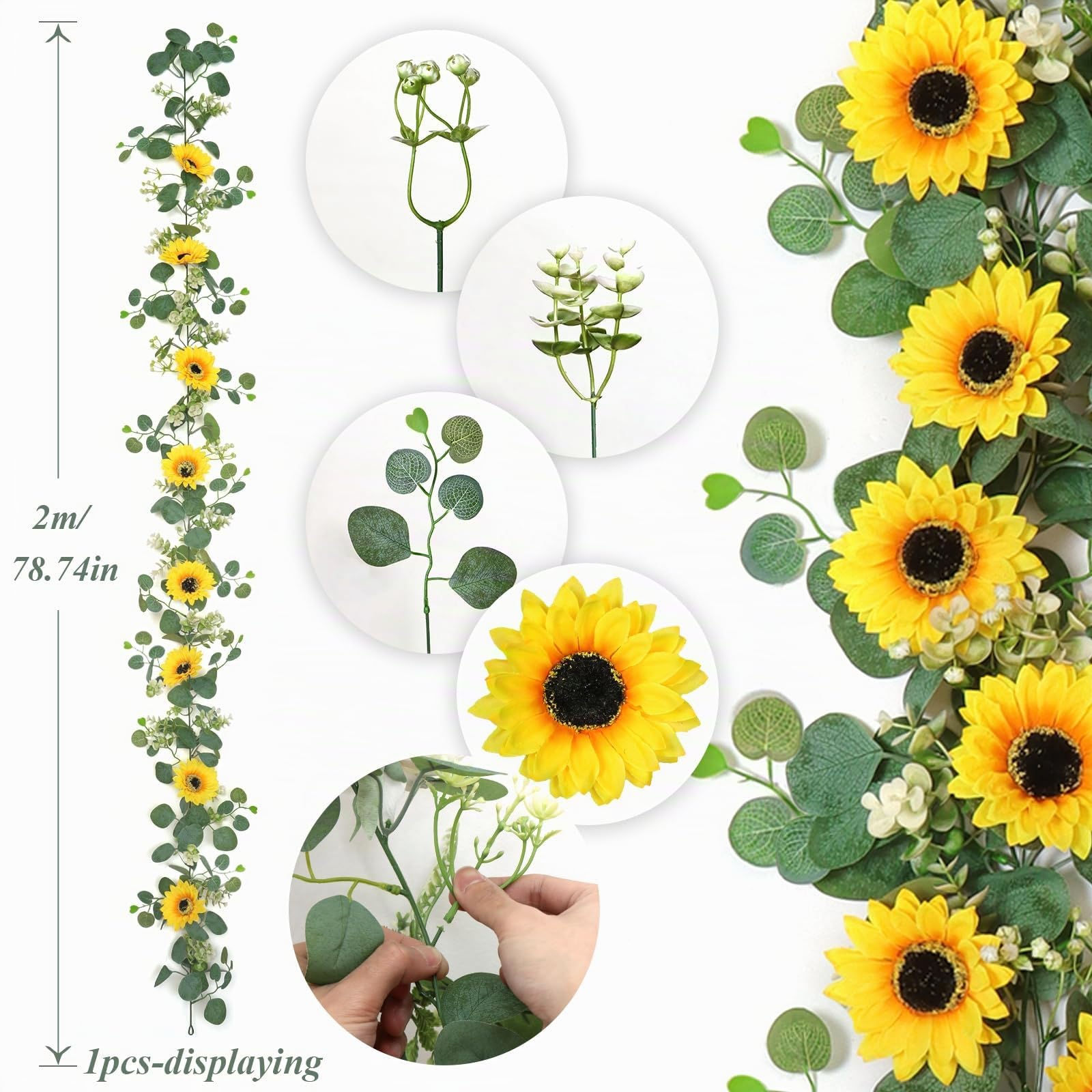 DEMIUKO 4 Stück Sonnenblumen Girlande Künstliche Blumen Girlande Frühling Blumengirlande Seiden Kunstblumen Reben Hängende Kunstpflanze Innen Außen Sonnenblumen Deko für Zuhause Balkon Garten Party