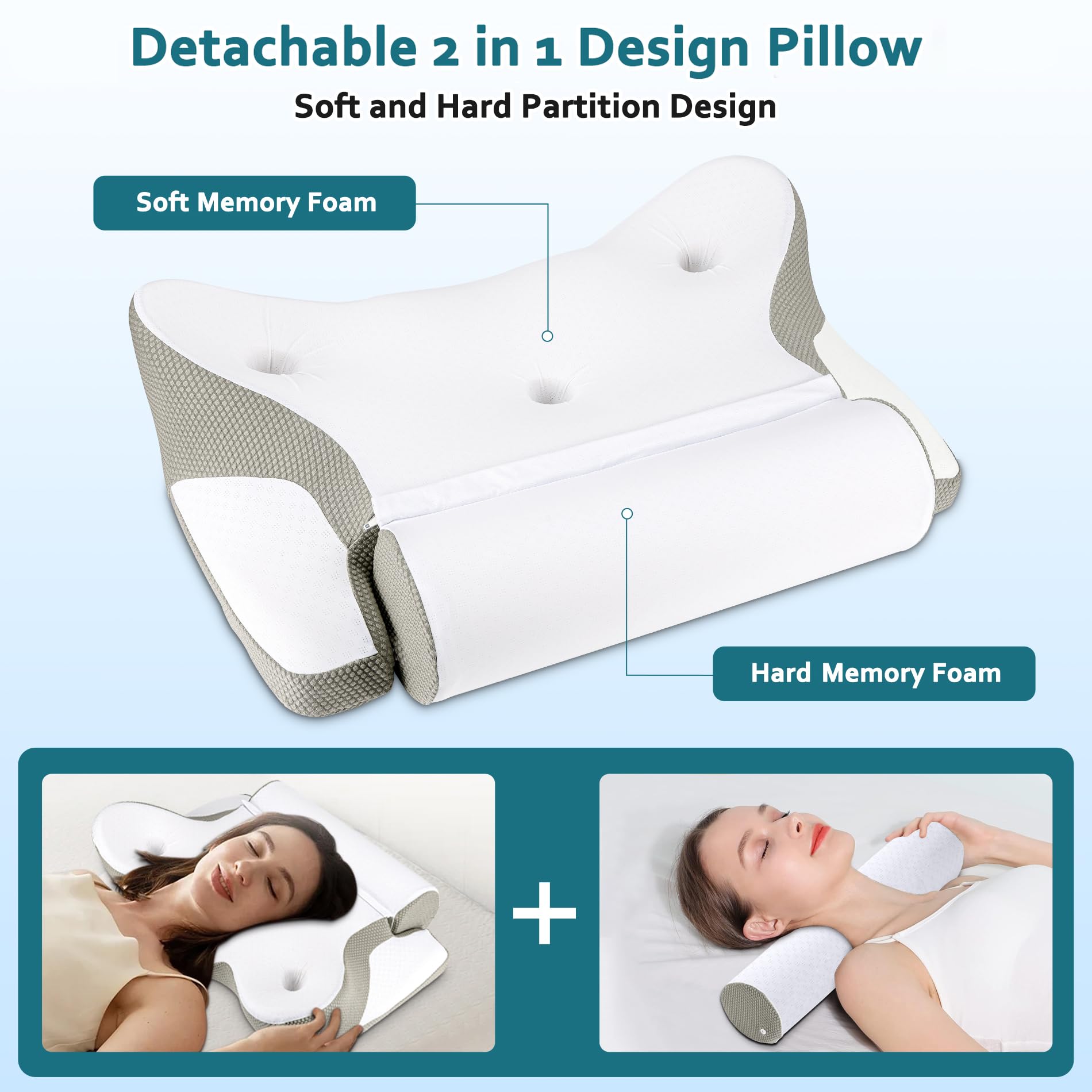 TopEsct Cuscino Cervicale per Dormire, 2 in 1 Cuscino Ergonomico Memory Foam Cervicale, Cuscino Cervicale & Cuscino Cilindrico (Grigio)