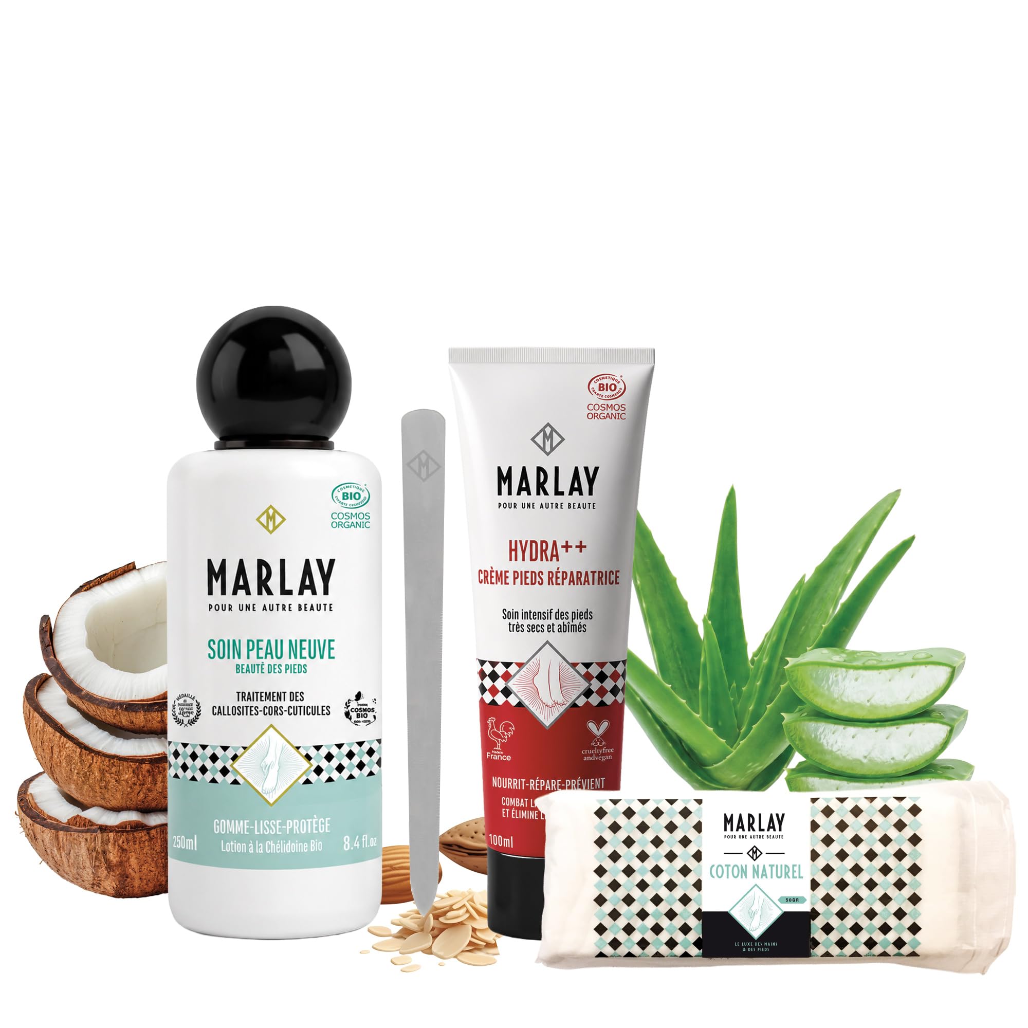 Marlay Kosmetyki - Bardzo suchy zestaw do pielęgnacji stóp bez opakowania - balsam do pielęgnacji skóry 250 ml i nawilżający krem do stóp ++ 100 ml - Organiczny glistnik - Skrobak i naturalna bawełna