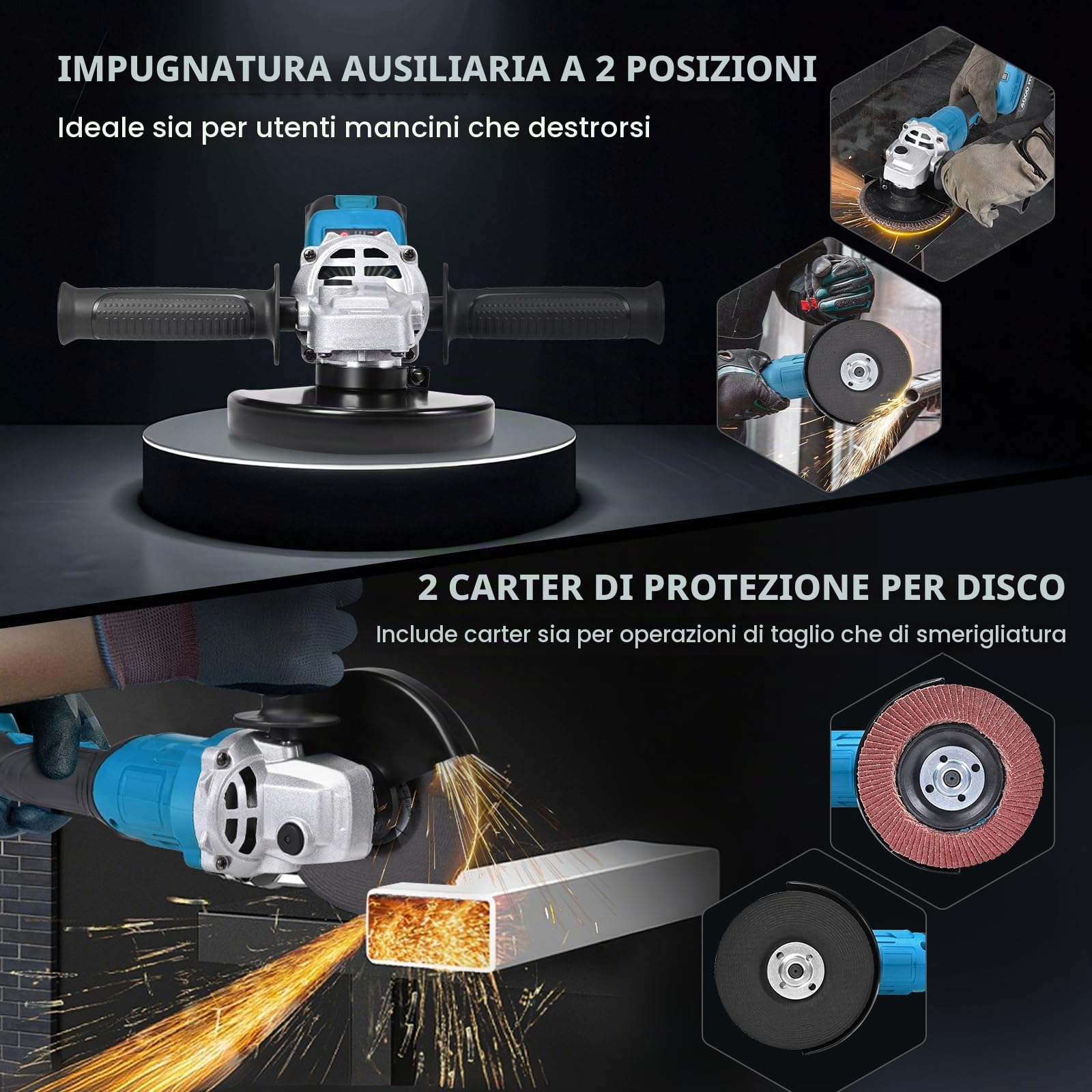 Smerigliatrice a Batteria, Smerigliatrice Angolare Senza Fili con 2 Batterie da 4.0Ah& Caricabatterie Rapido, 900W Smerigliatrice Senza Spazzole per Taglio Lucidatura Smerigliatura