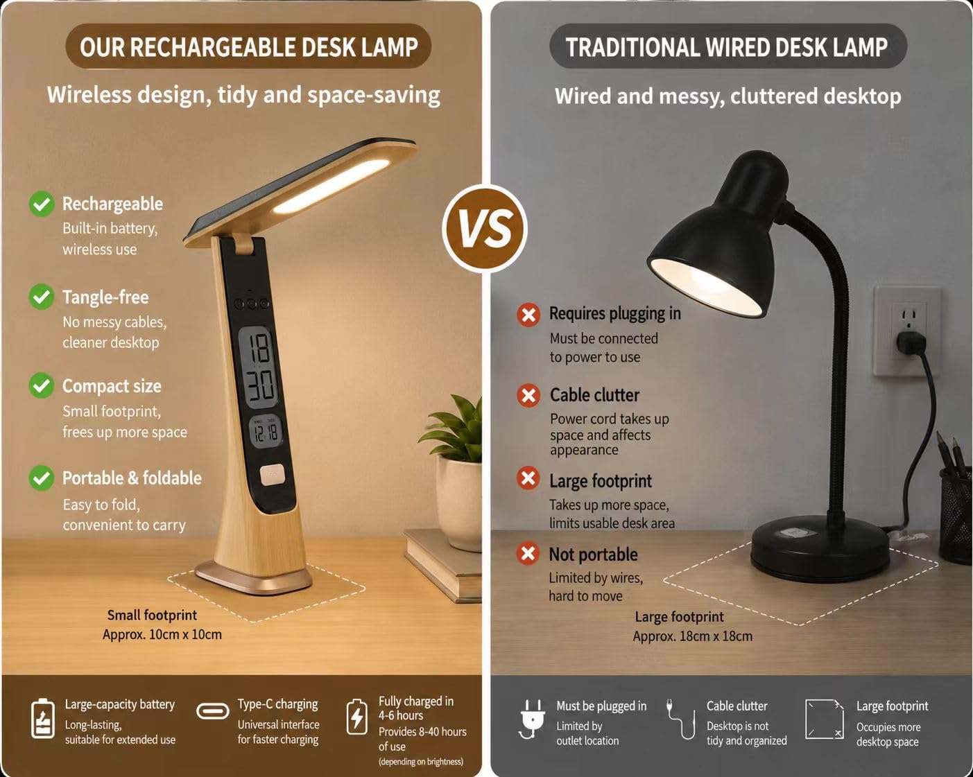 Lampada da scrivania LED senza fili ricaricabile, lampada da tavolo con orologio, batteria, digitale, LCD, data, luminosità regolabile, pieghevole, luci portatili per la casa, la lettura, l'ufficio