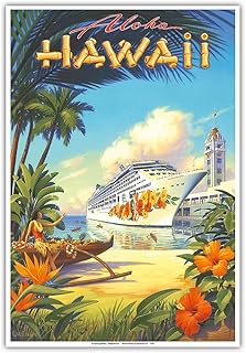 Pride of Hawaii Cruise Ship - Aloha Towers Honolulu Harbor - Vintage Hawaiian Travel Poster by Kerne Erickson - Master Art Print (Unframed) 13in x 19in