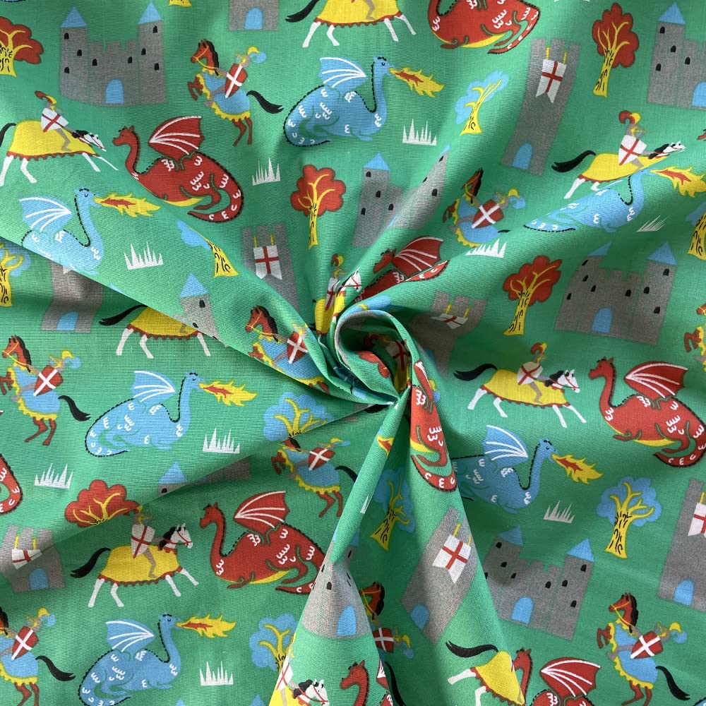 Oh Sew Crafty Limited Green Polycotton Fabric Knights Dragon Castles Fairytale Fantasy (Per Metre) (Green)