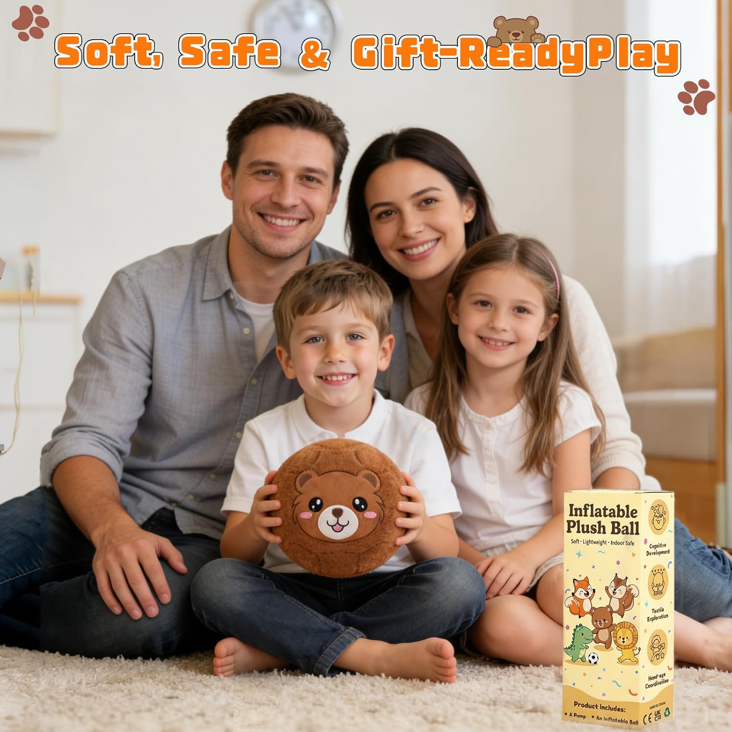 8-Inch Silent Soccer Ball Indoor for Toddlers - Soft Bear Inflatable Plush Soccer Ball Toy for Kids Frist Birthday Gift