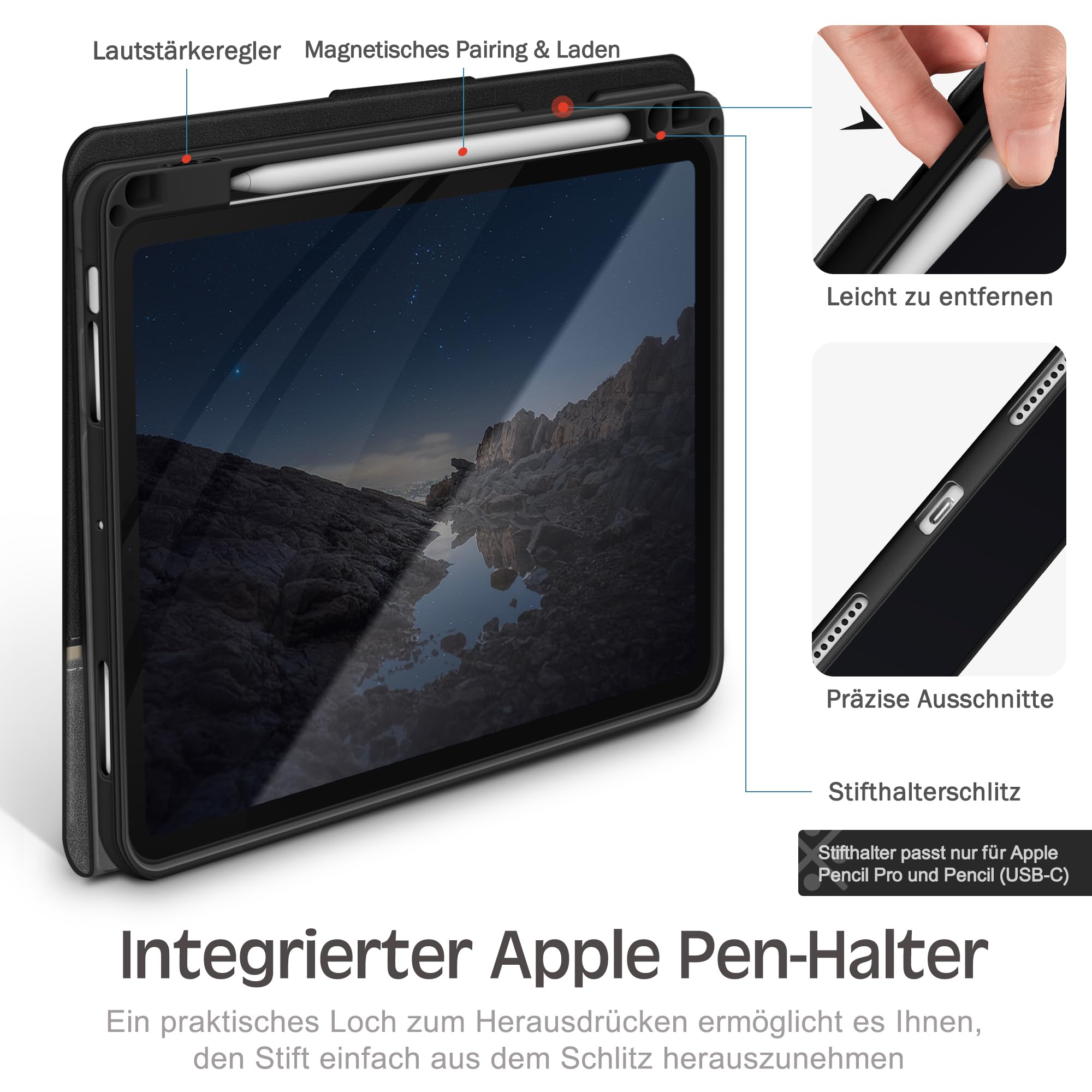 KingBlanc Hülle für iPad Air 13 Zoll M4/M3/M2 Schwarz | Design im Notizbuchstil, Stifthalter, PU Leder, Verstellbarer Ständer, Auto Schlaf/Wach, Unterstützt Pencil Pro/USB-C