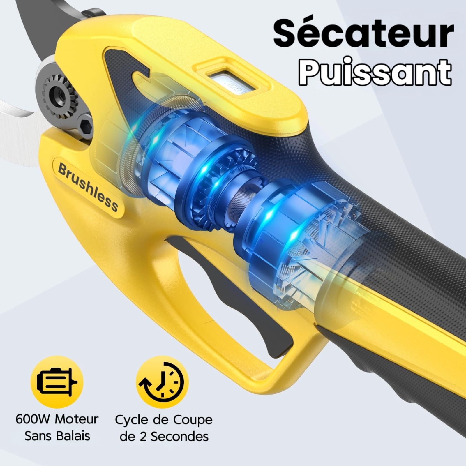 Sécateur Électrique Sans fil, 23mm Sécateur Électrique & 600 W Moteur Sans Balais & écran LED, Rechargeable par USB-C, Autonomie Longue Durée,Idéal pour Le jardin, Les Branches et Les Arbres Fruitiers