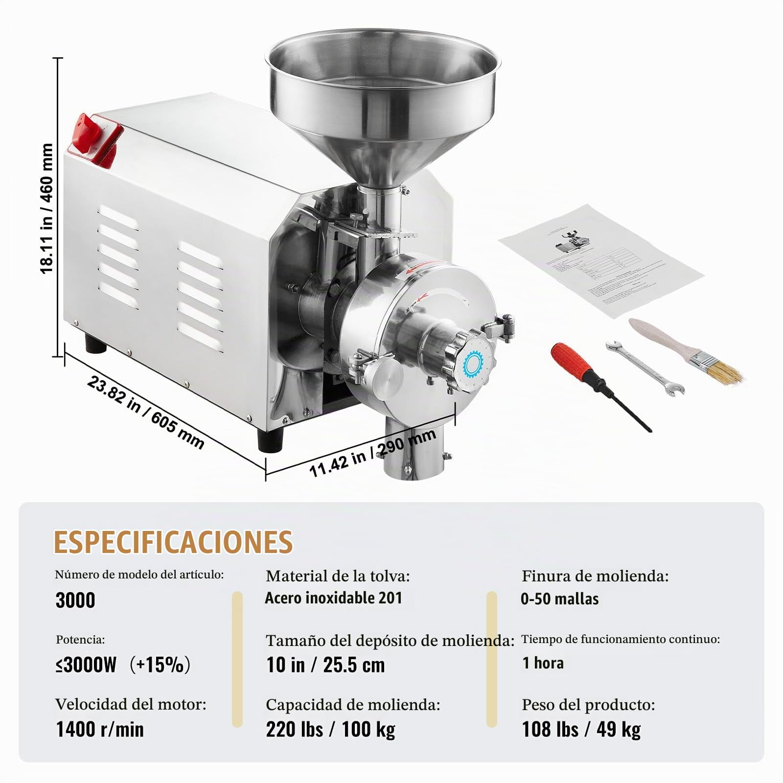 VEVOR Molinillo Eléctrico de Grano 3000 W Molinillo de Especias Comercial de Acero Inoxidable Alta Velocidad Molino de Harina de 100 kg/h para Moler Especias Hierbas Pimientos Maíz Cacahuetes