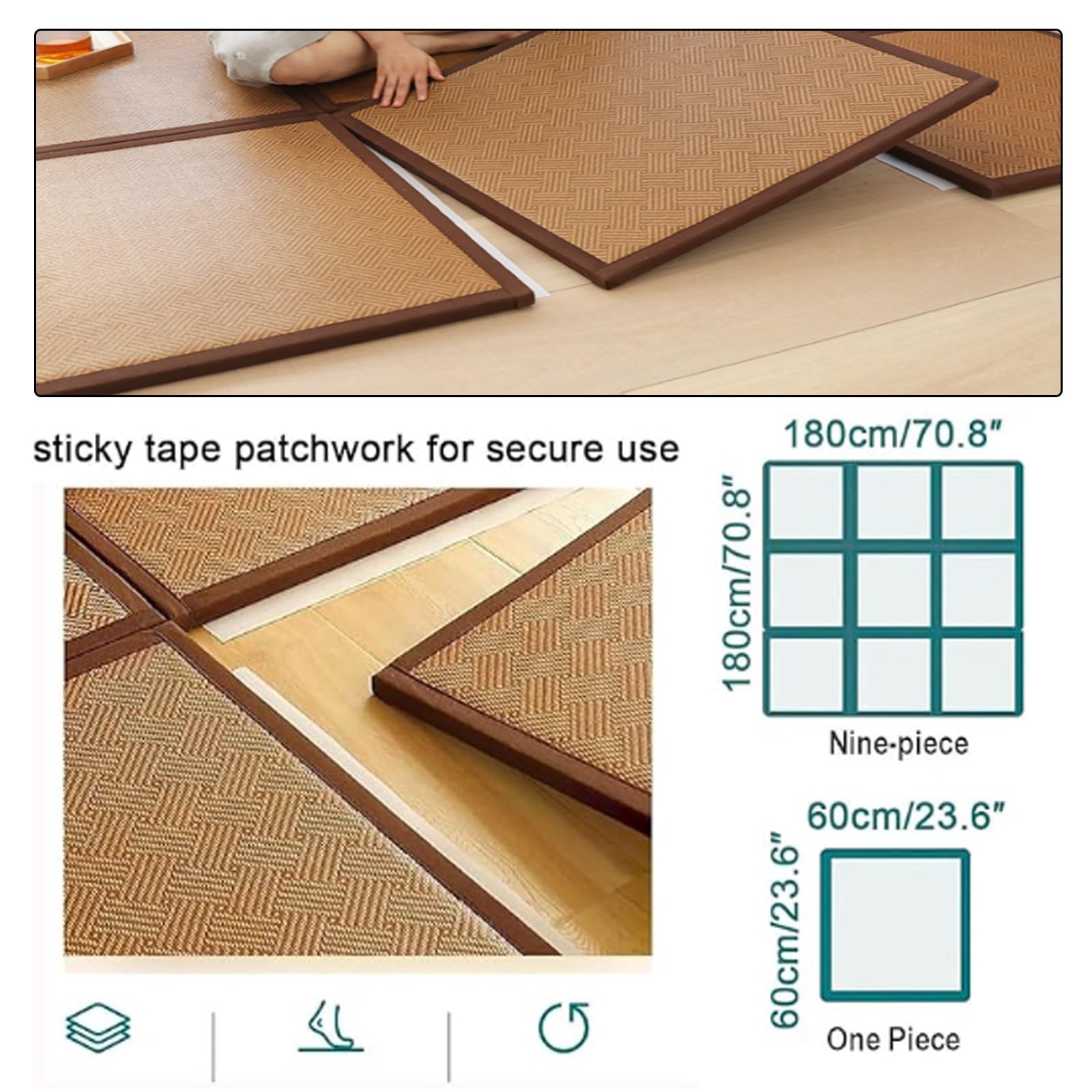 Idéal pour une chambre, Matelas tatami traditionnel japonais,Matelas tatami pliable, une chambre d'amis ou un espace de méditation,Tapis de sol pliable, matelas d'été respirant en rotin naturel(G,60*1