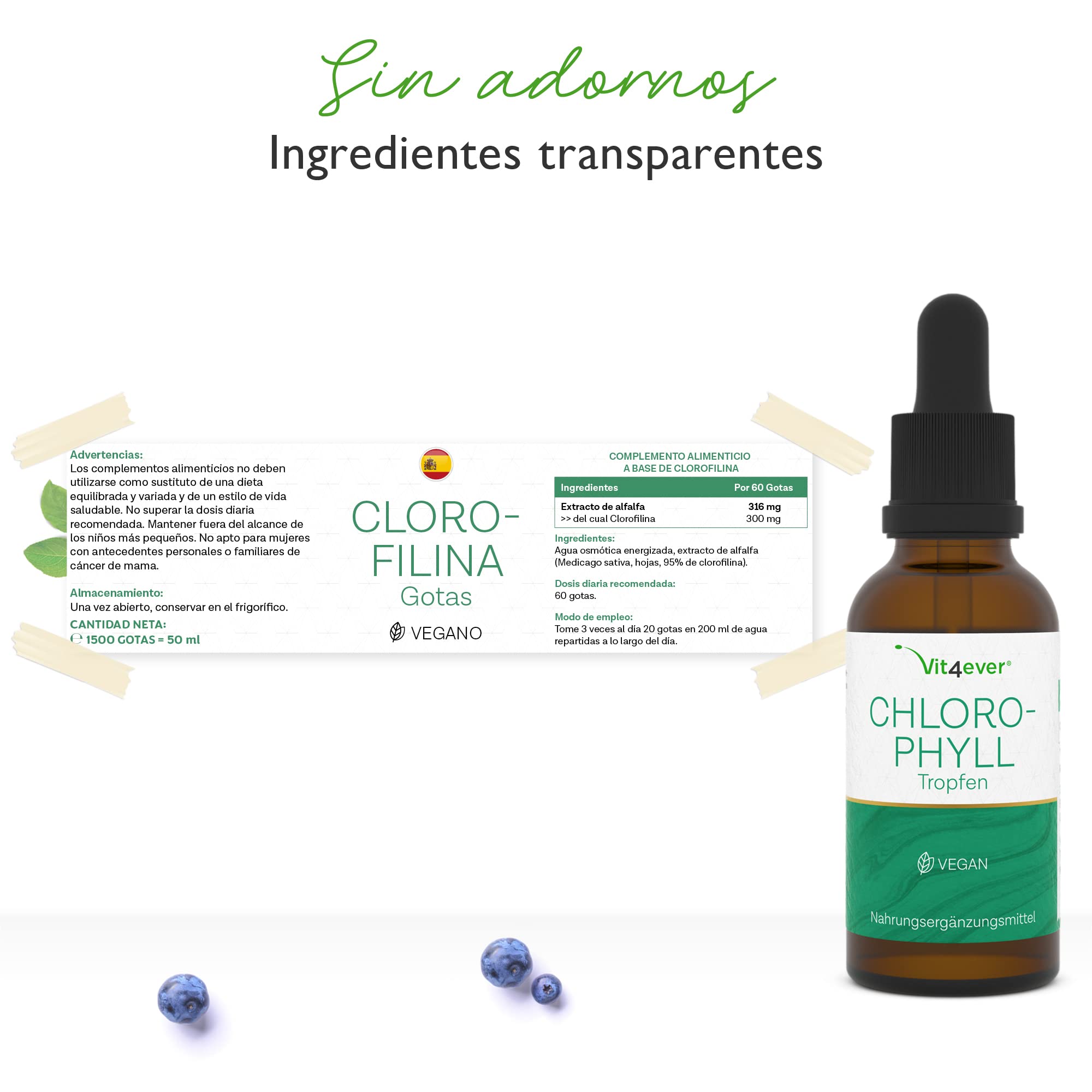 Gotas de clorofila 50 ml - Premium: Dosis hasta 4 veces superior - Clorofila líquida de extracto de alfalfa - Con agua de ósmosis purificada - Vegano