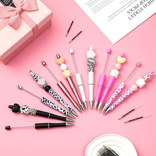 Miniatura 3 de 24 bolígrafos con cuentas con estampado de vaca para el regreso a clases, bolígrafos de plástico rosa con cuentas de tinta negra para estudiantes,