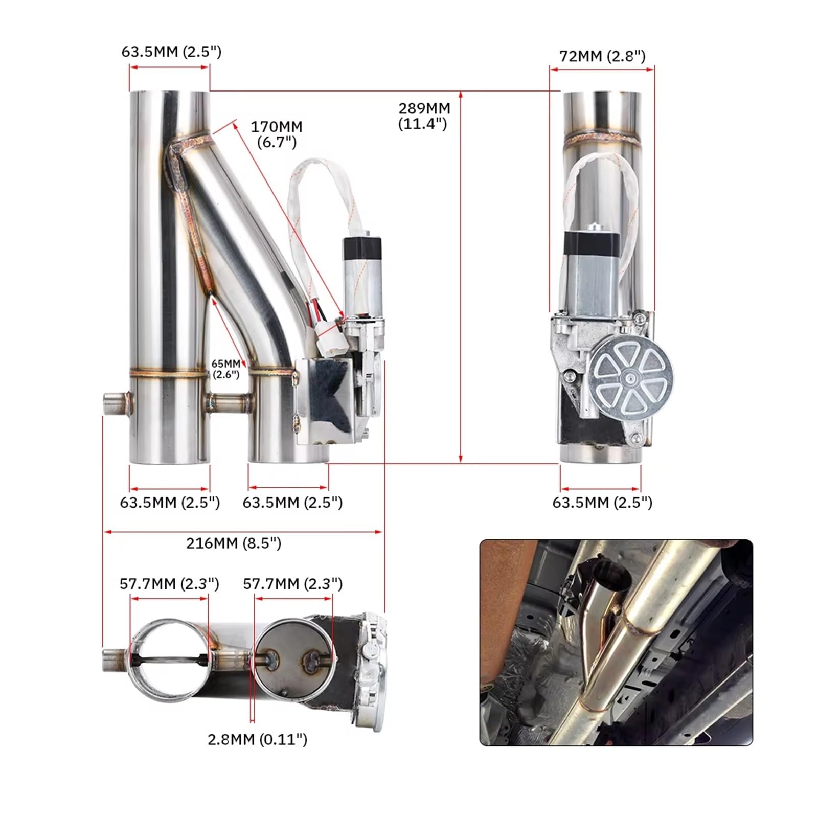Endrohrblende Universal 2" 2,25" 2,5" 3,0" Elektrischer Auspuff-Fallrohrausschnitt E-Cut Out Dual-Ventil-Fernbedienung, kabellos Auspuffrohr(2.25)