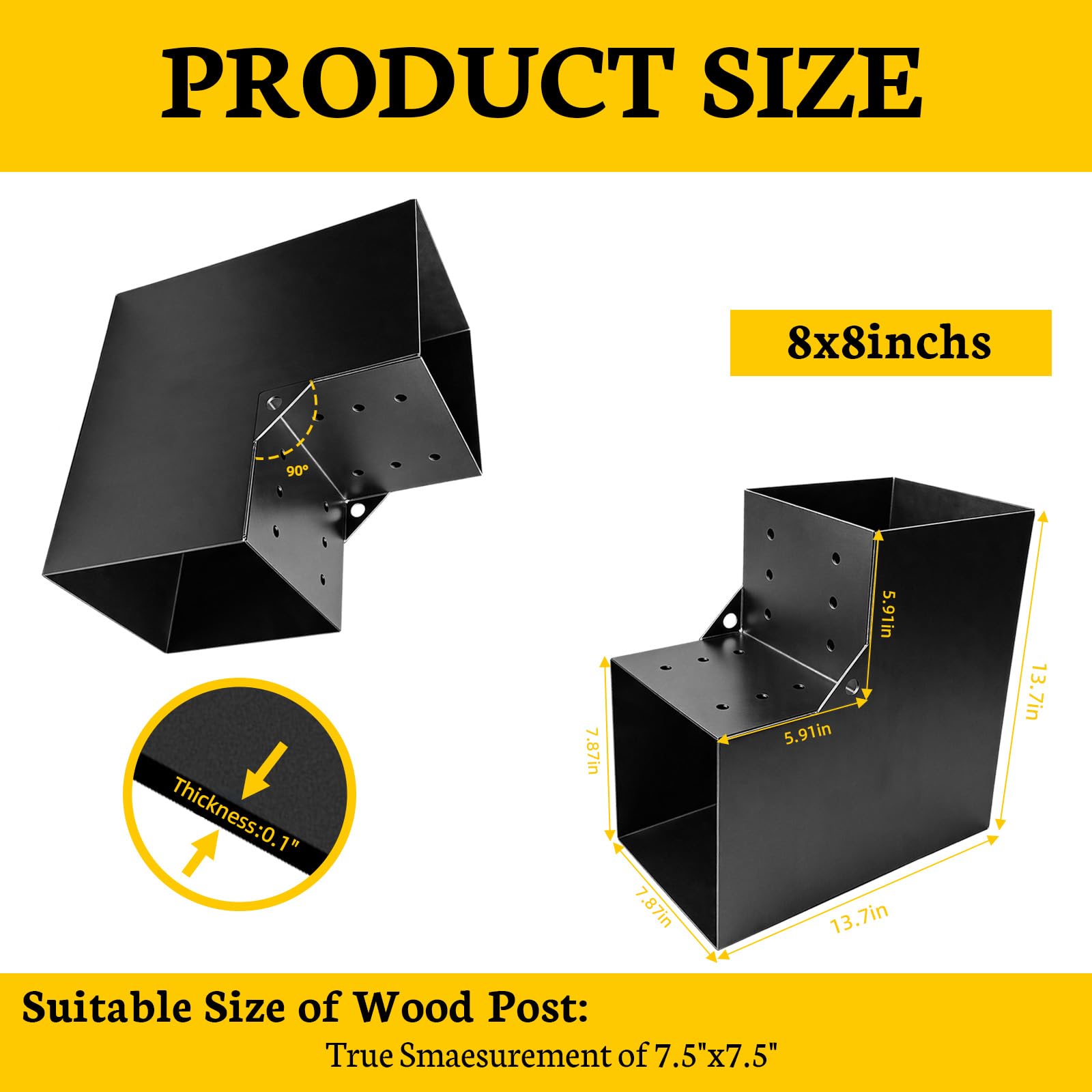 Kit de soporte de pegola de 8 x 8 pulgadas, 1 paquete, soportes de carpintería de esquina en forma de L de 2 vías para madera de 8 x 8 pulgadas (real: 7.5 x 7.5 pulgadas), soportes de madera