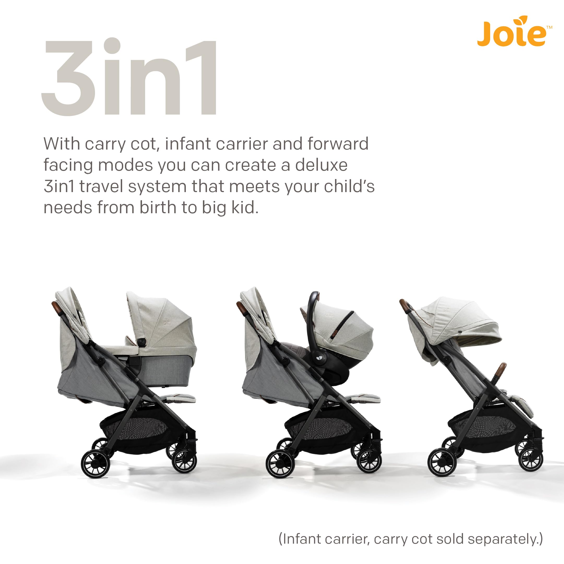 Joie - Parcel™ - Poussette Compacte - Siège Inclinable À Plat - Compatible Sièges Auto - Suspension Souple - Harnais 5 Points - Pliage Automatique - Coloris Oyster - Dès La Naissance (Oyster)