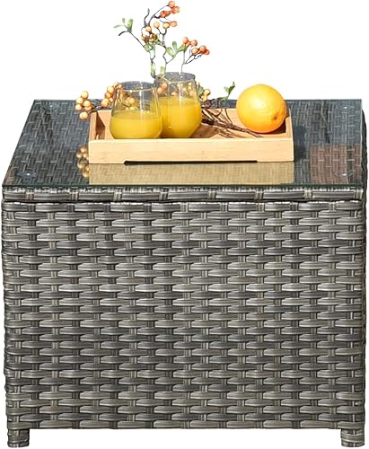 Miniatura 1 de ovios Mesa de patio con vidrio templado, mesa de centro de mimbre para exteriores, mesa auxiliar de té de jardín, mesa auxiliar para porche, patio,