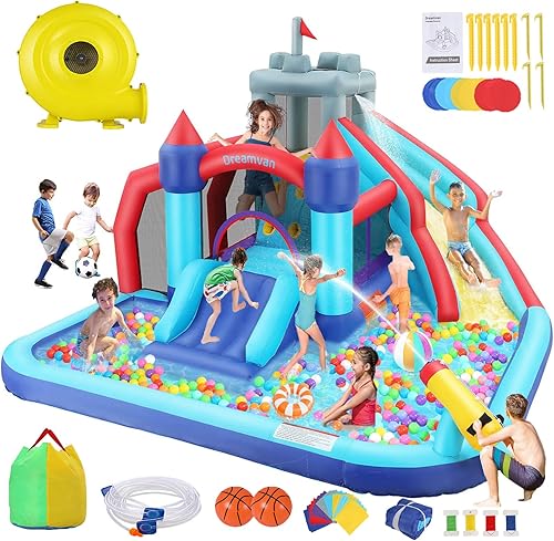 AKEYDIY Casa inflable de rebote con tobogán 10 en 1 para niños, parque de tobogán acuático, castillo real azul, casa inflable con toboganes dobles,