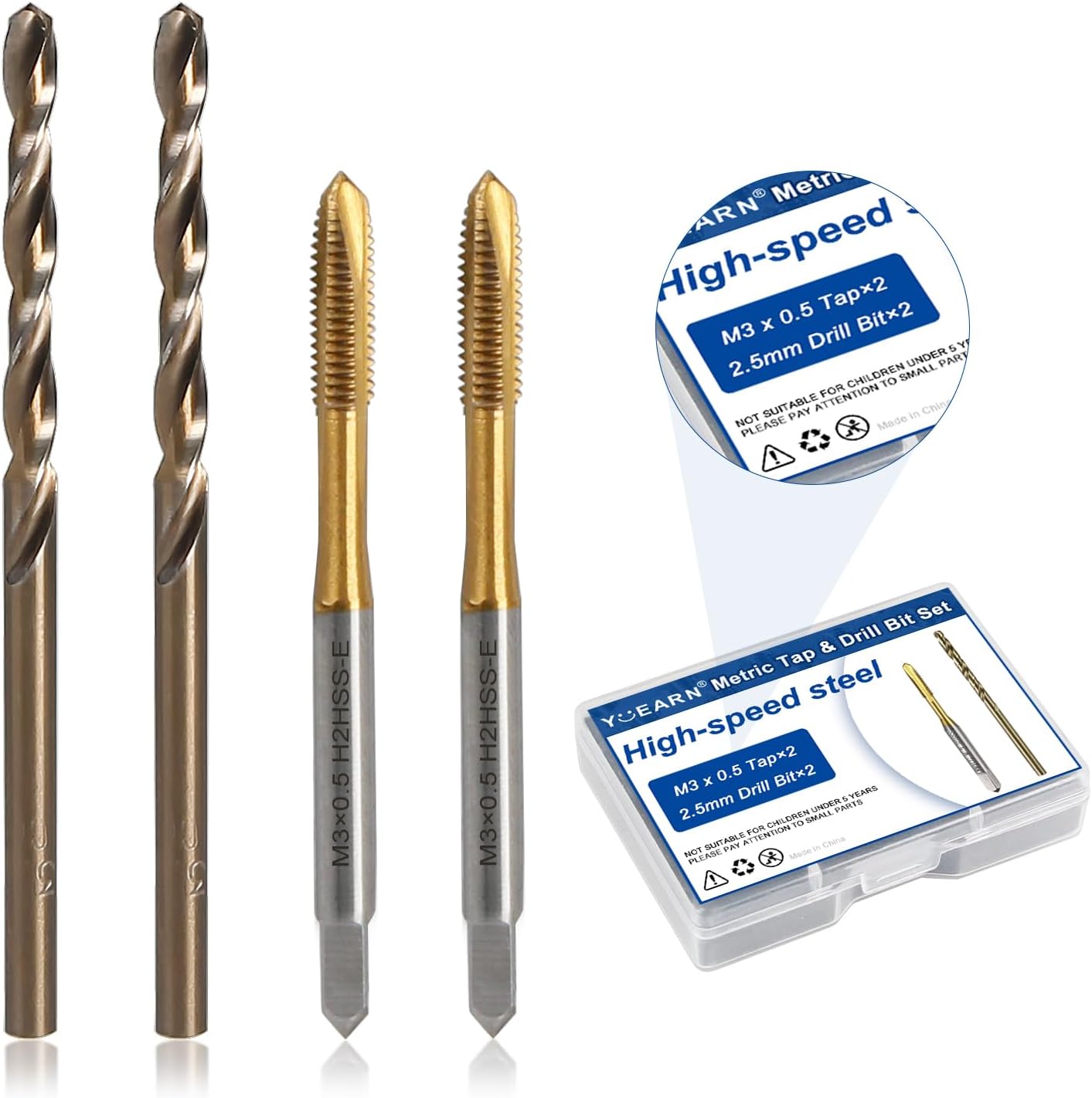 Metric Tap & Drill Bit Set, 2Pcs M3×0.5 HSS 6542 Spiral Point Taps & 2Pcs 2.5mm M35 Cobalt Twist Drill Bits, for Metalworking, Automotive, Electronics & DIY Projects