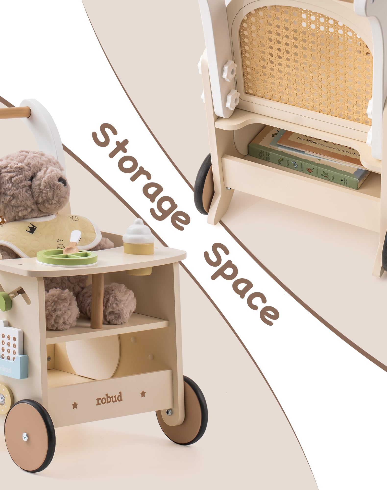 ROBUD Drewniany pomocnik do nauki chodzenia Baby Walker 2 w 1, wózek do nauki chodzenia z Montessori Busy Activity Board, hamulec bezpieczeństwa, zabawka na spacery, prezent