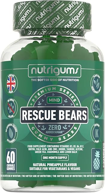 Rescue Bears 60 Vegan Gummies. Daytime Stress & Anxiety Relief with Glycine, Taurine, Green Tea, Lemon Balm, Chamomile, Vitamins & Prebiotics for Calming. Pineapple Flavour.