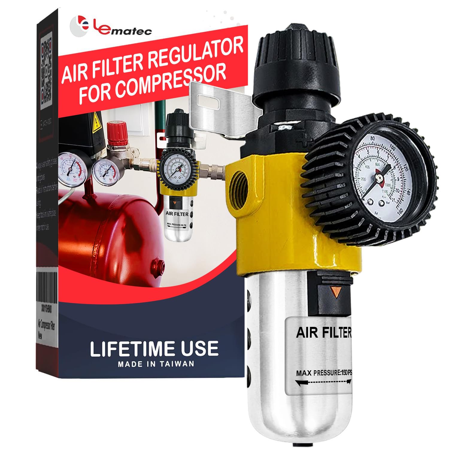 LE LEMATEC Air Compressor Regulator with Dryer, 1/2" NPT Heavy Duty Air Pressure Regulator, 150 PSI Inline Water Separator, Easy Drain Valve & Adjustable Lock - AS209