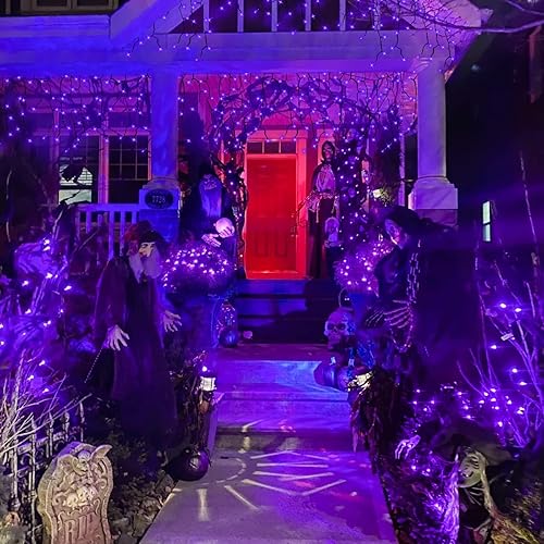 Miniatura 5 de TURNMEON Tira de luces LED moradas de Halloween de 50 pies a 150 pies para exteriores, funciona con pilas, cable negro con impermeable,