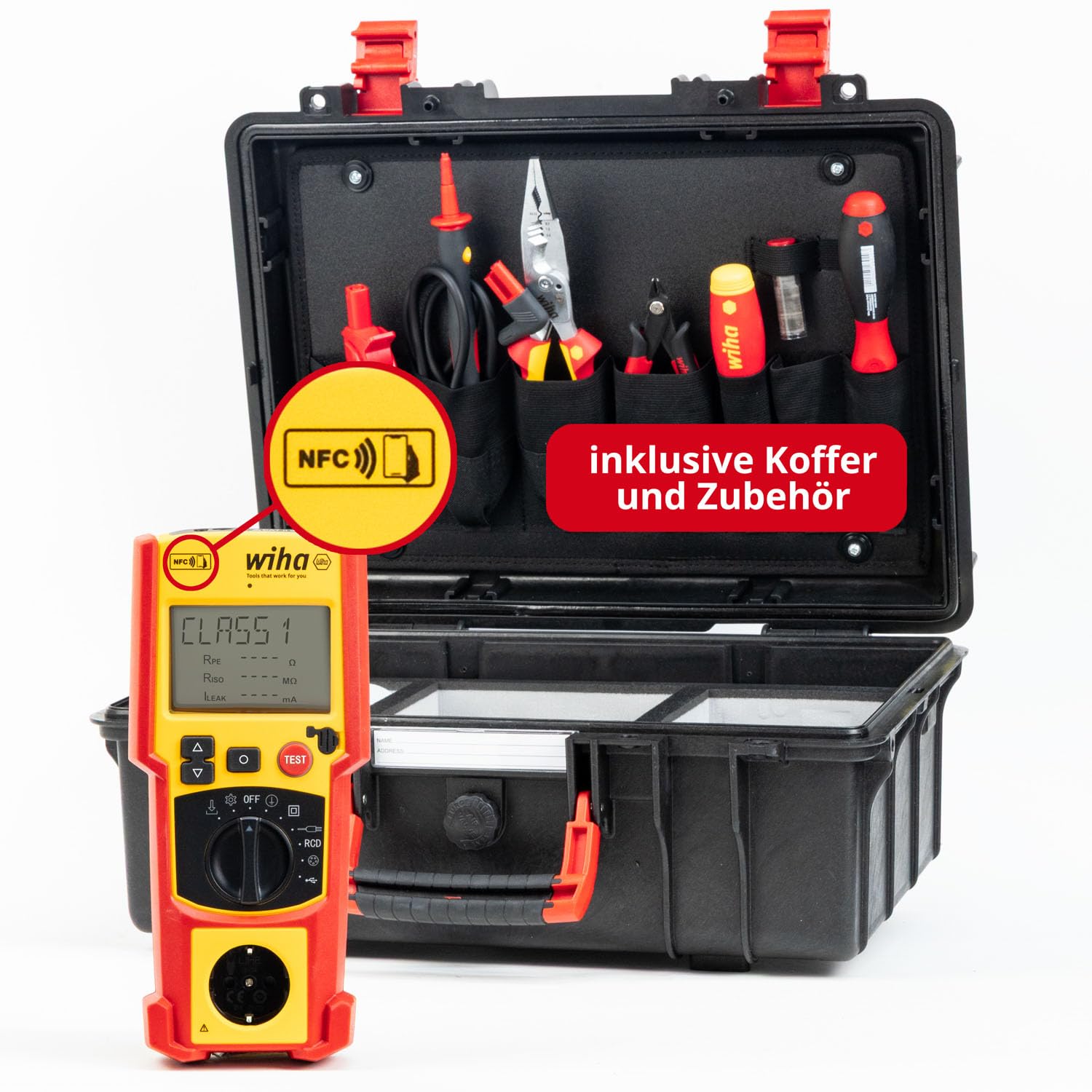 Wiha Gerätetester Set PAT one – Messgerät für Geräteprüfung DIN VDE 0701/0702 mit KI-Bilderkennung NFC-Dokumentation, Auto-Test FI/RCD-Prüfung, Koffer