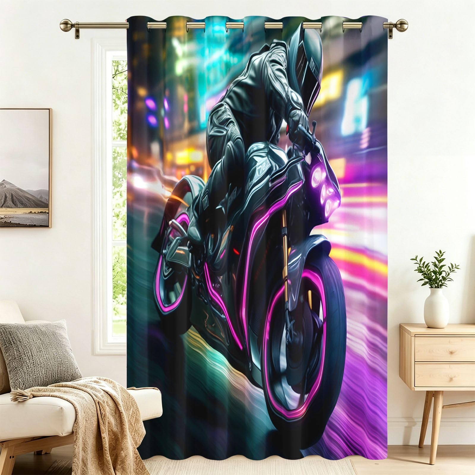 Fadaing Cool Motorcycles Blackout Curtains with Eyelets, 1 Piece, Extra Wide Living Room Door Curtain, 220 x 300 cm, Privacy Screen, Opaque, Patterned, Against Heat, Darkening Room Divider