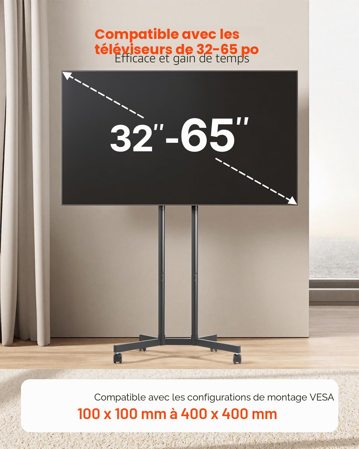 VEVOR Support TV à roulettes, pour téléviseurs/LED/LCD/OLED de 812,8 à 1651 mm, Chariot TV Mobile, jusqu'à 40 kg, Support télé sur Pied Portable, Max. VESA 400 x 400 mm, pour Salon, Bureau, extérieur