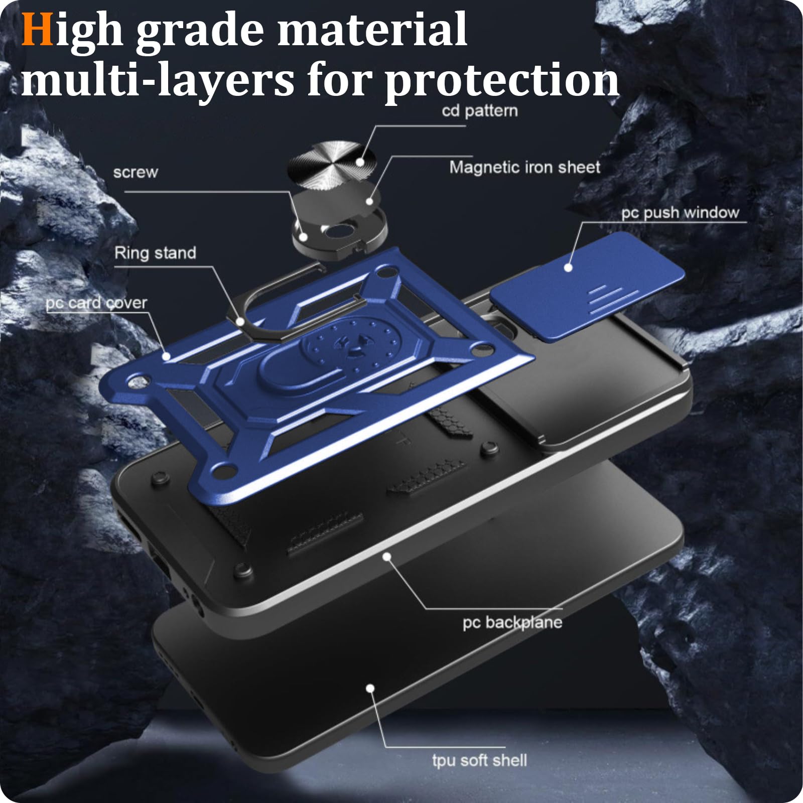 Cover per Moto G85 5G, Custodia per Moto G85 5G Antiurto Scorrevole Protezione Fotocamera Custodia con 360°Rotante Anello Supporto Cover, Blu