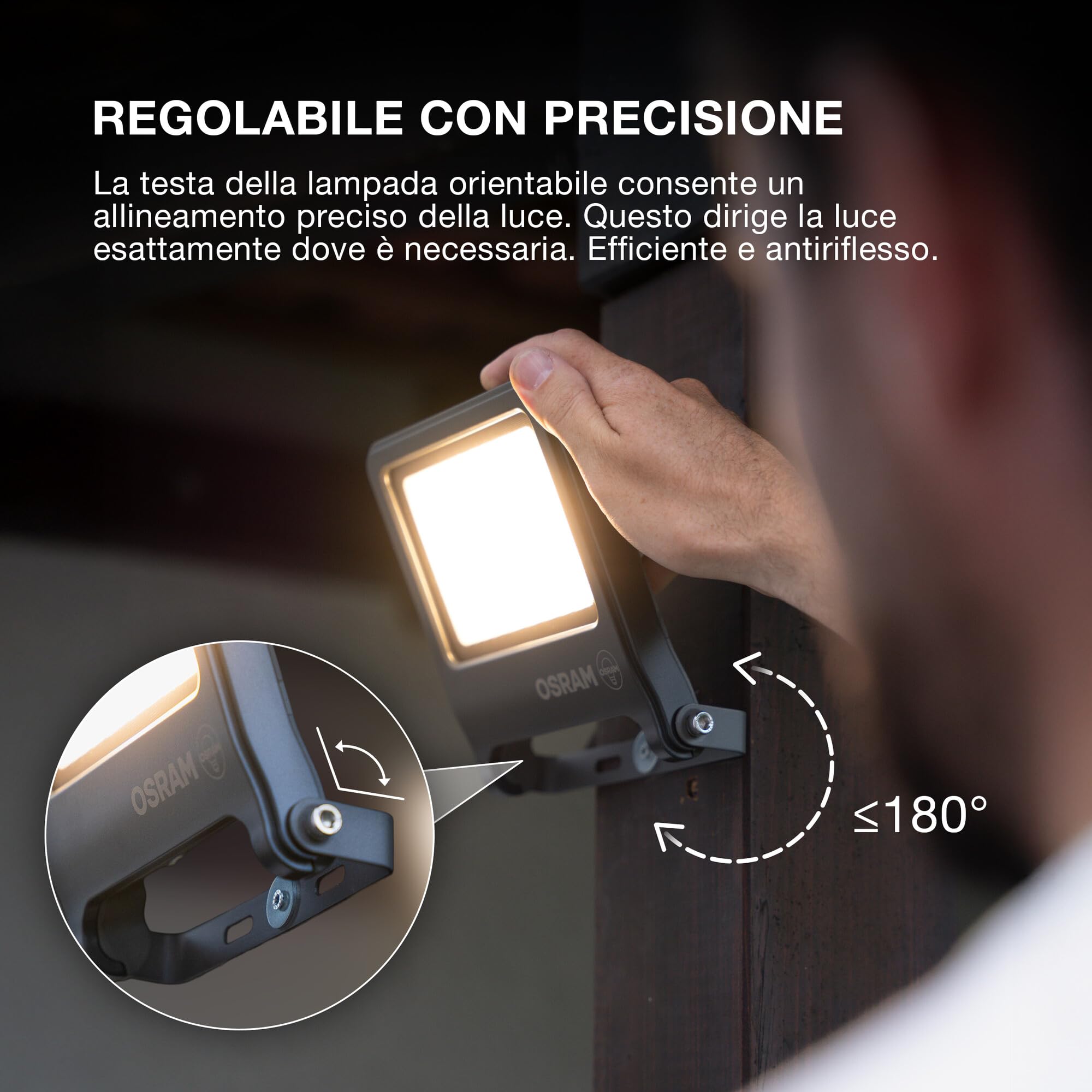 OSRAM Proiettore LED ENDURA FLOOD PC 20W, bianco caldo 3000K, 1800 lumen, IP65, in alluminio riciclato, staffa girevole a 180°, bianco