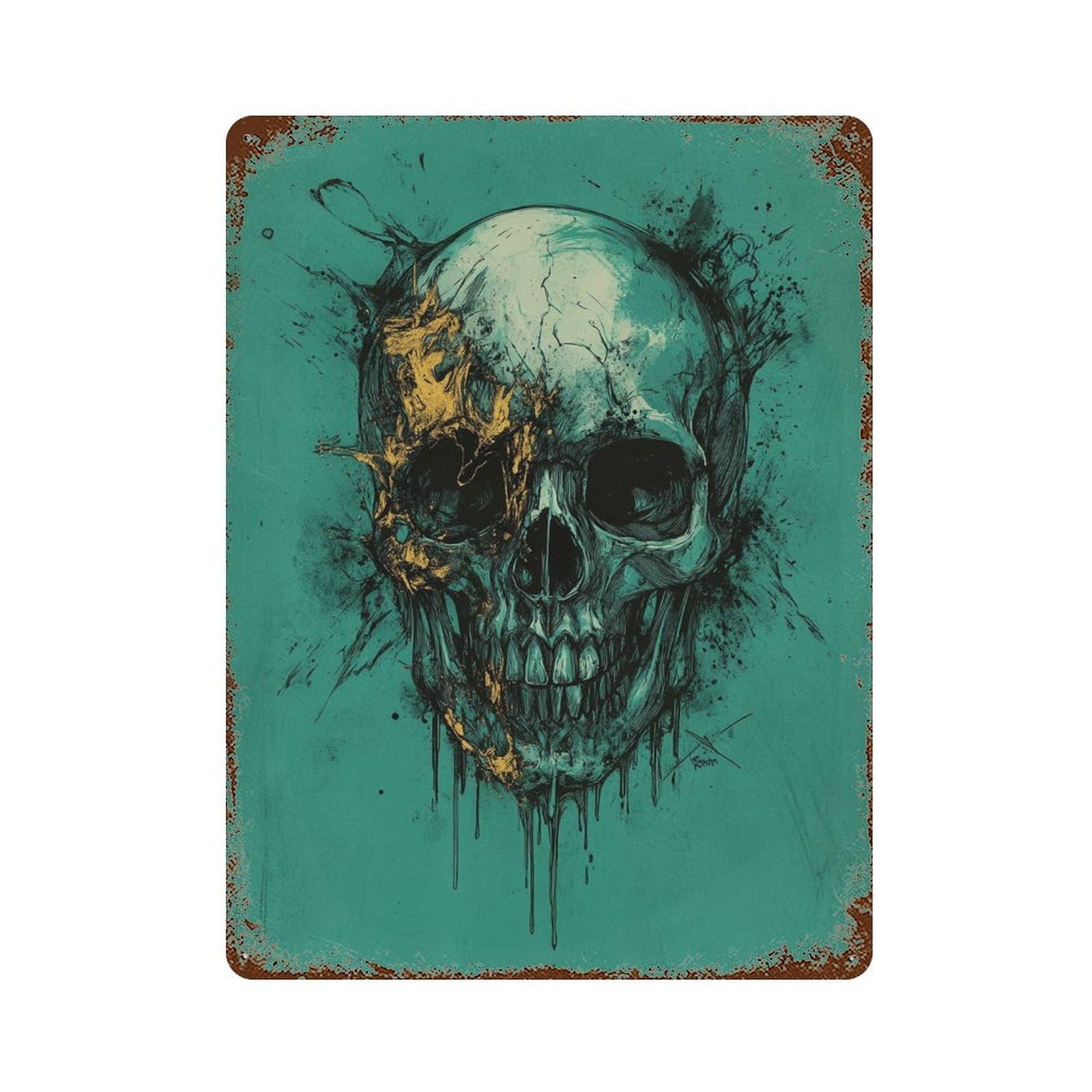 Artistic Skull Painting Weathered Tin Sign 15.7"x11.8", for Basement, Hobby Room And Garage Decor, Rustic Home Decor