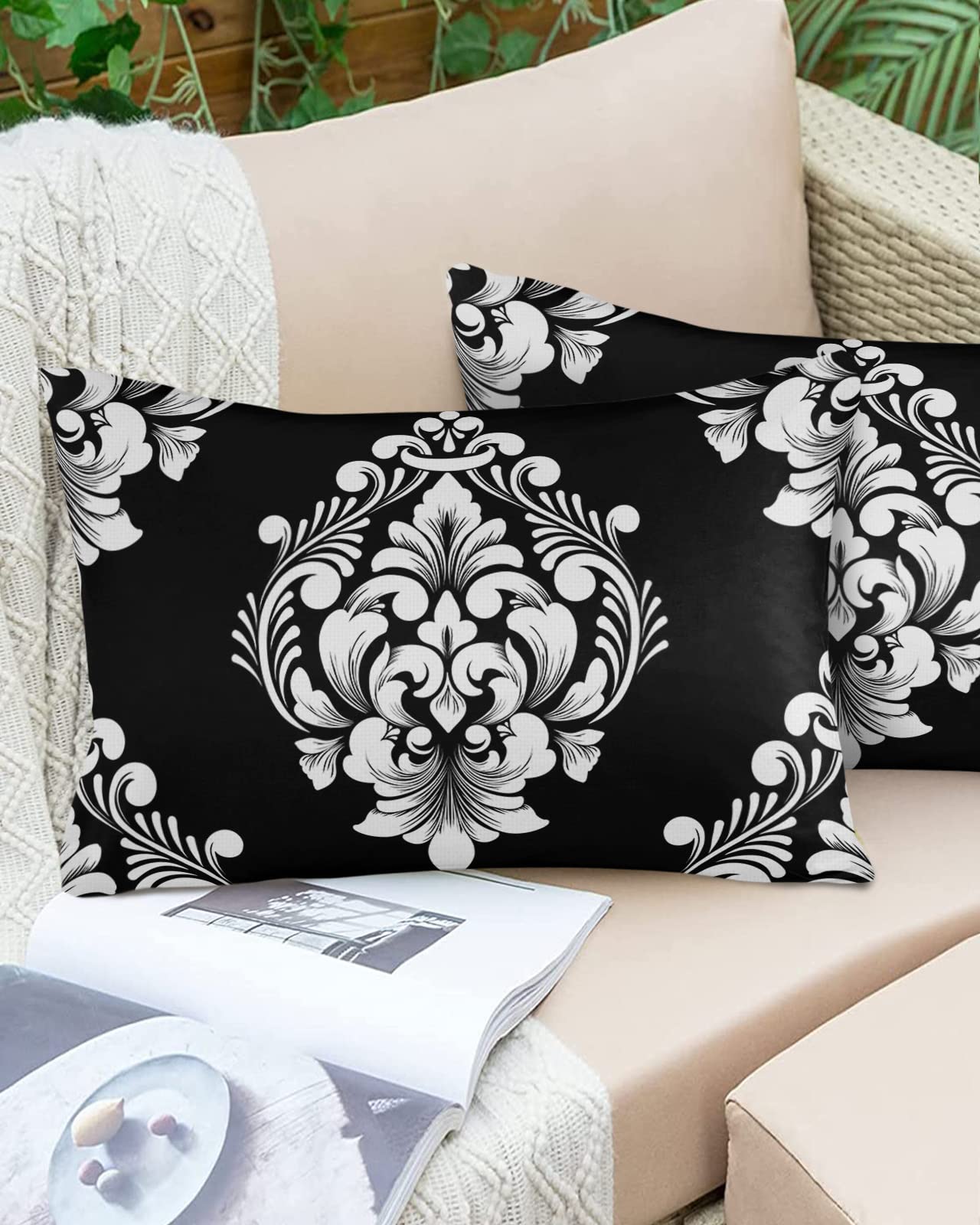 Outdoor Pillow Covers Waterproof, Black Paisley All Weather Cushion Case Set of 2, Luxurious Modern White Abstract Art Aesthetics Lumbar Pillowcase for Sofa Couch Bed Decor Patio Furniture 20