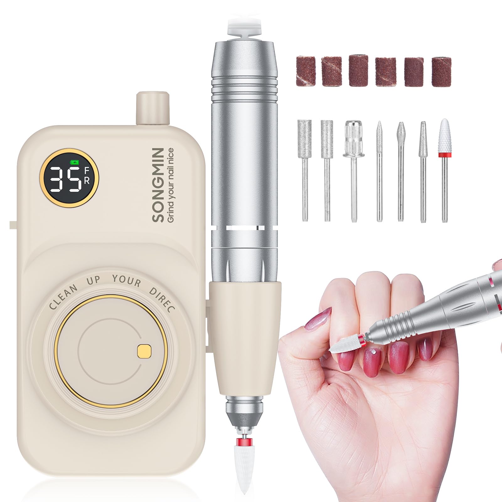 Professional Nail Drill 35000 RPM,SONGMIN Portable Cordless Efile with Bits Kit for Acrylic Nails Gel Polishing Removing,Rechargeable Electric Nail