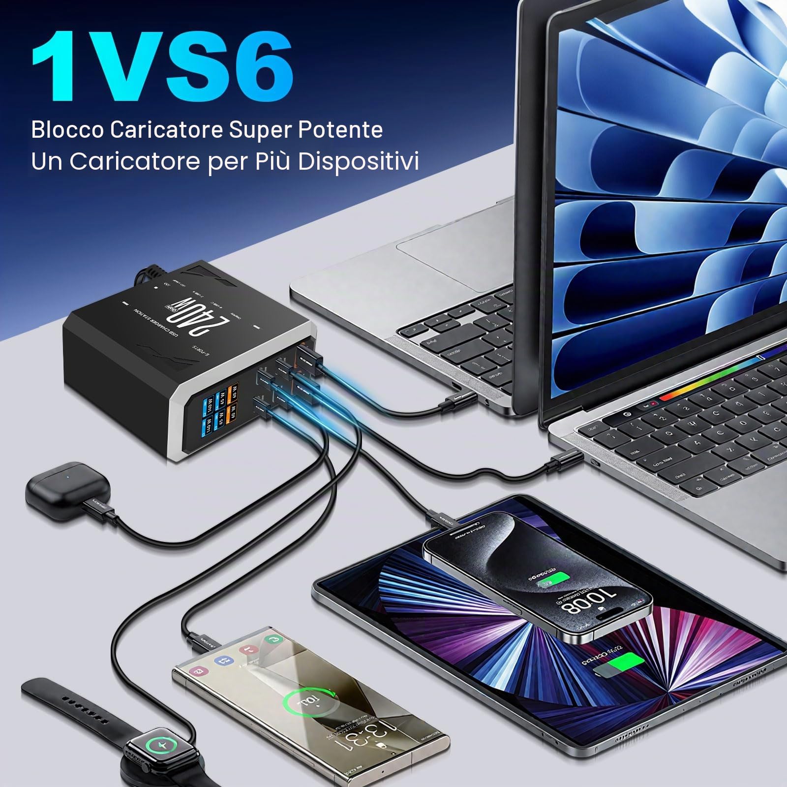 Caricatore USB C da 240 W, multiplo con 6 porte, GaN 3, USB, multiplo con 4 x USB-C e 2 x USB-A, PD140 W, 65 W, 60 W Power Delivery stazione di ricarica USB C per MacBook Pro/Air, iPhone, iPad