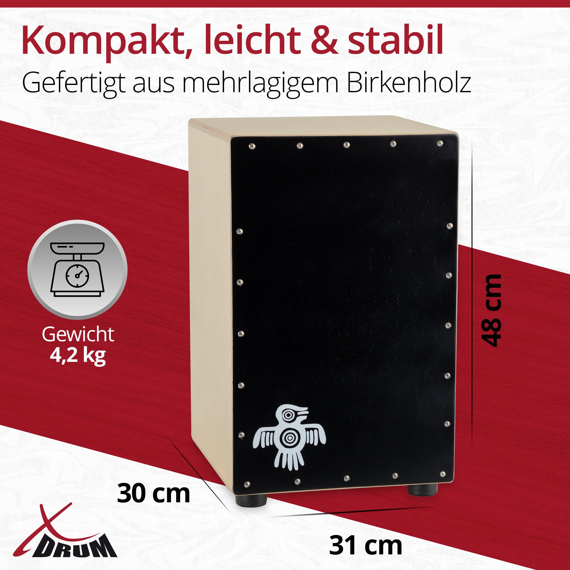 XDrum PERC CP-481 Cajon Peruana Black Wood Set (Set inkl. Cajon mit Birken-Korpus & Snareeffekt, passende Rucksack-Tasche für sicheren Transport & Aufbewahrung und Cajonschule für Einsteiger)